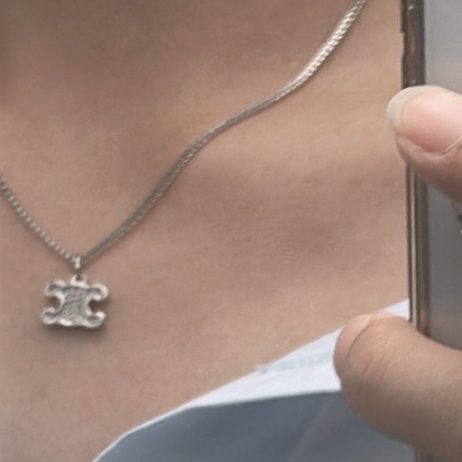 (W) Celine Triomphe Rhinestone Necklace in Brass with Rhodium Finish and Crystals Silver 착용 스타일