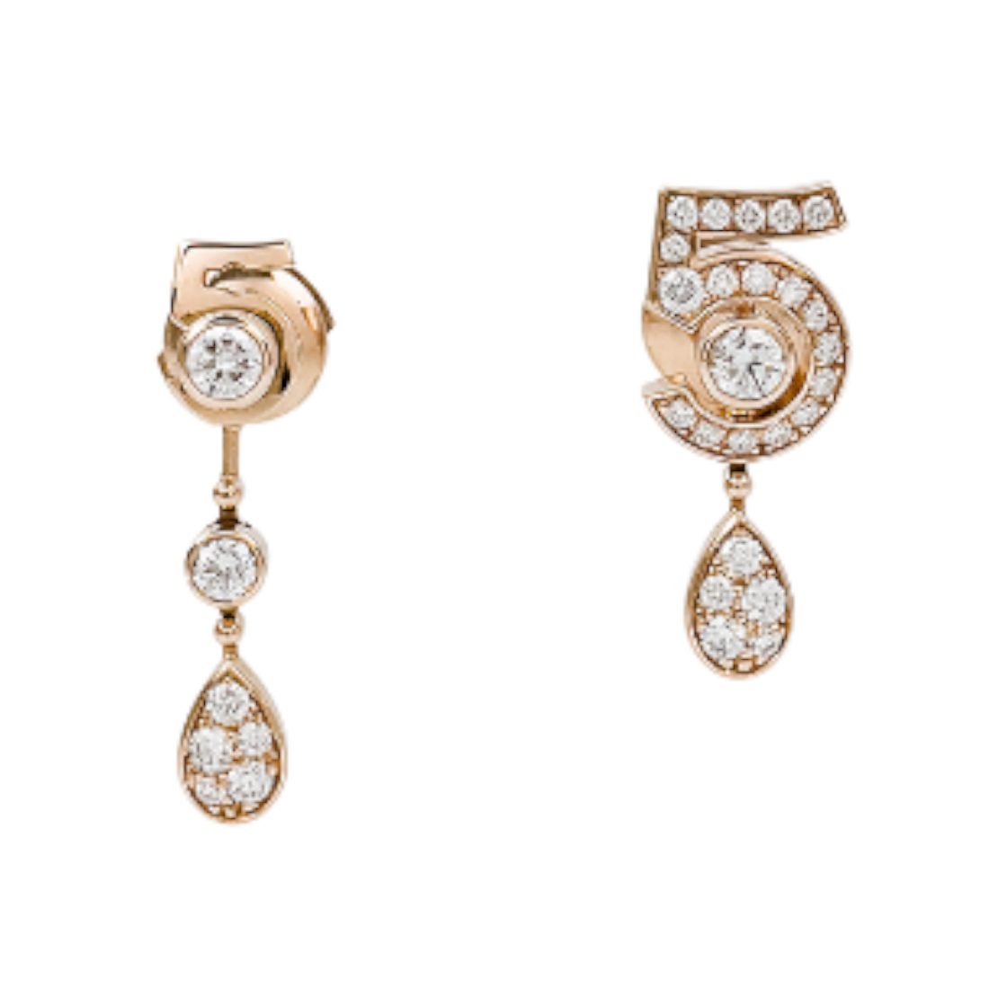 ITI94R44R6RH Chanel Eternal No. 5 Asymmetric Earrings in 18K Beige Gold with Diamonds