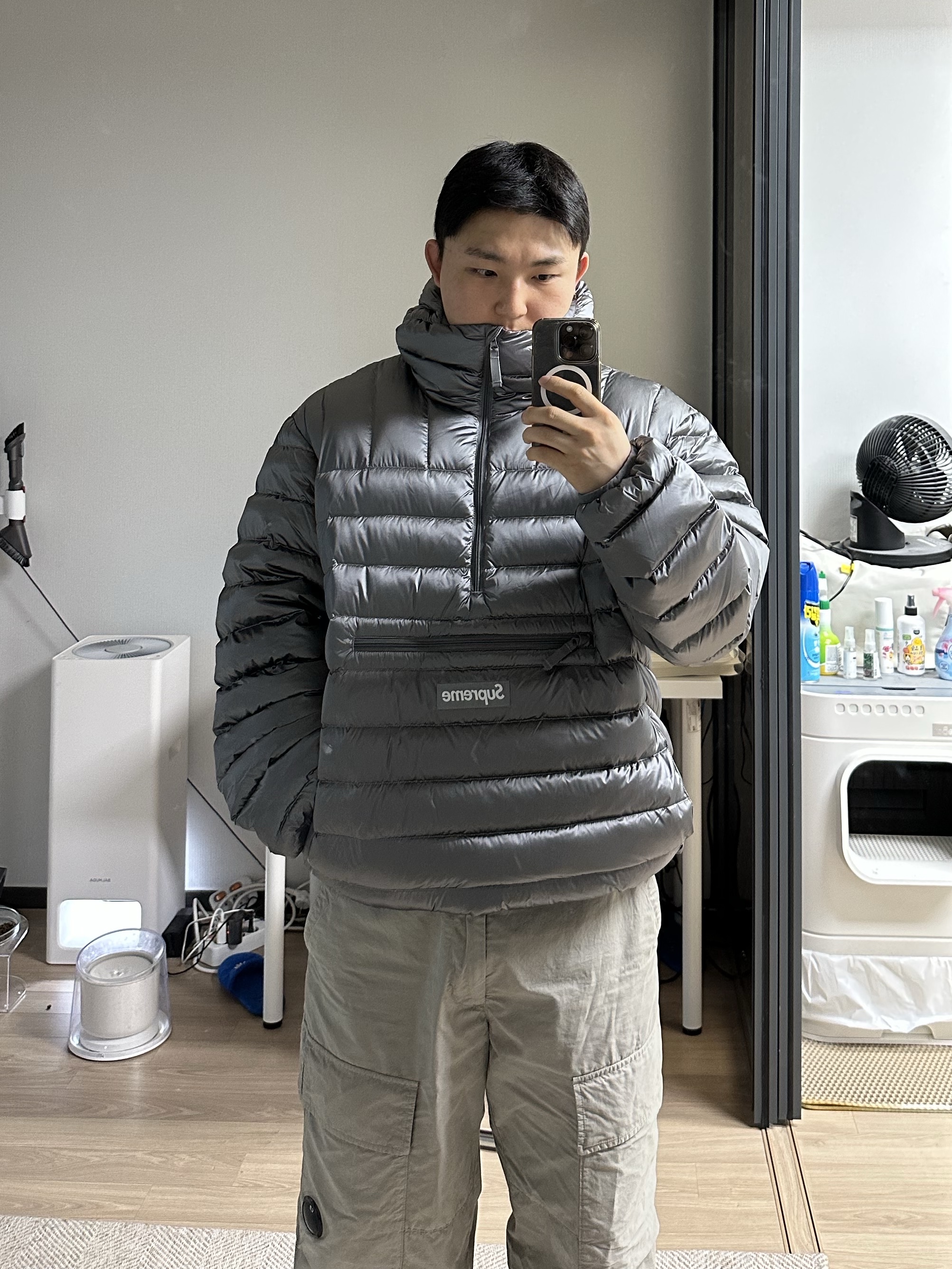Supreme Micro Down Half Zip Hooded Pullover Silver - 25FW 착용 스타일 - 2