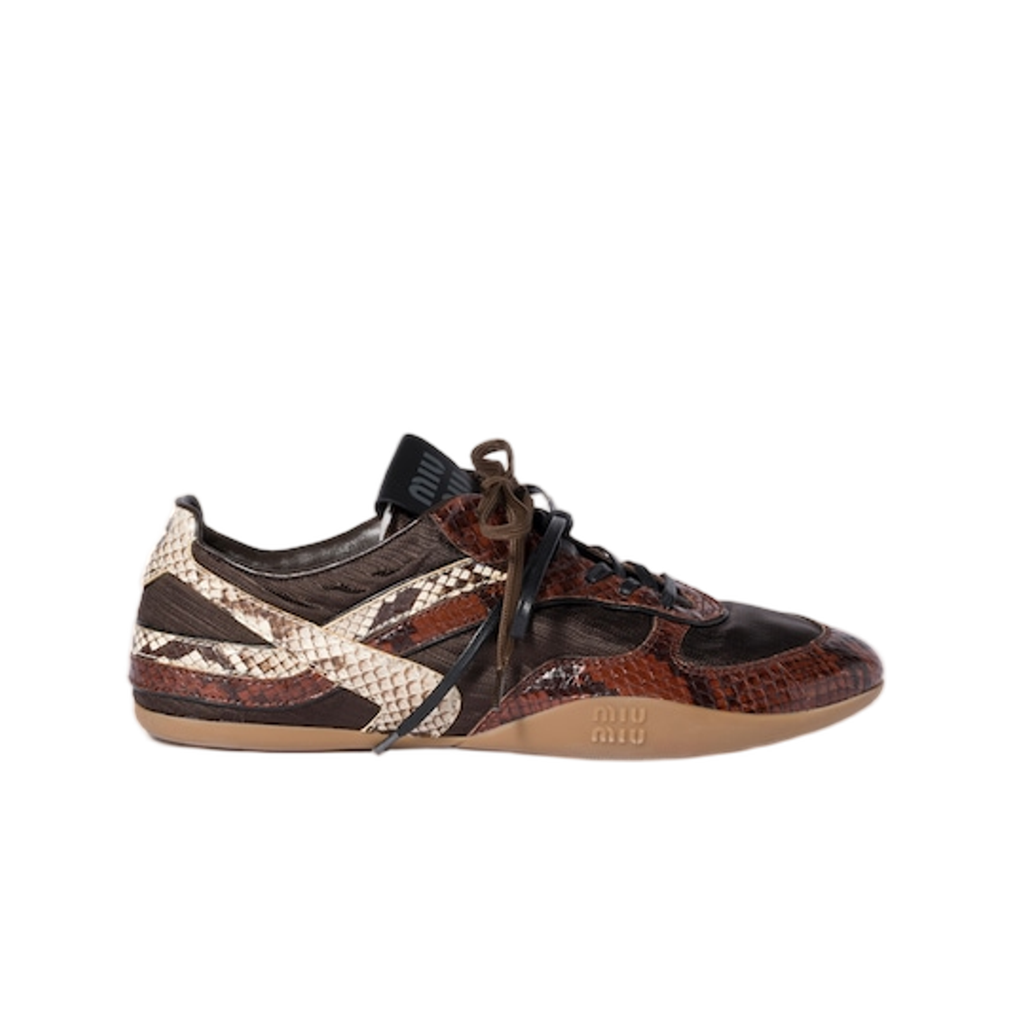 5E428E-3ZL4-F0Q70 (W) Miu Miu Gymnasium Technical Fabric and Python Print Ayers Leather Sneakers Dark Brown Tobacco