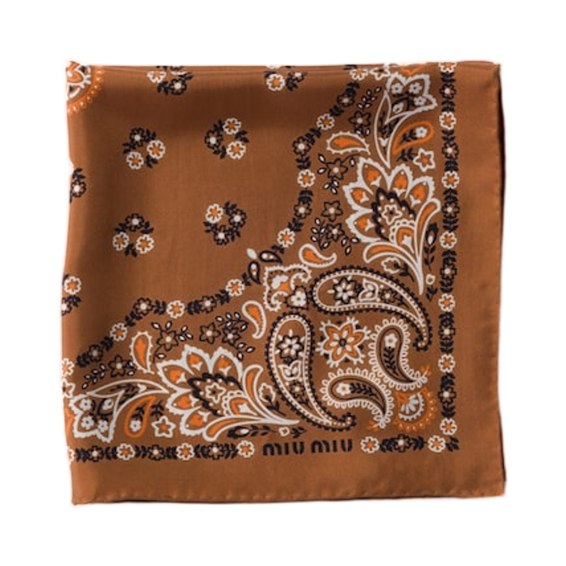 (W) 미우 미우 프린티드 실크 스카프 꼬냑((W) Miu Miu Printed Silk Scarf Cognac) - 1