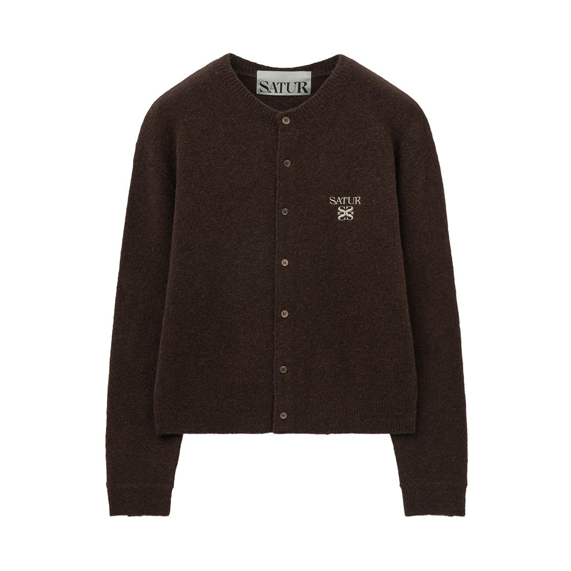SA254MKC08BRN0 SATUR Loren Wool Blend Crew Neck Knit Cardigan Brown