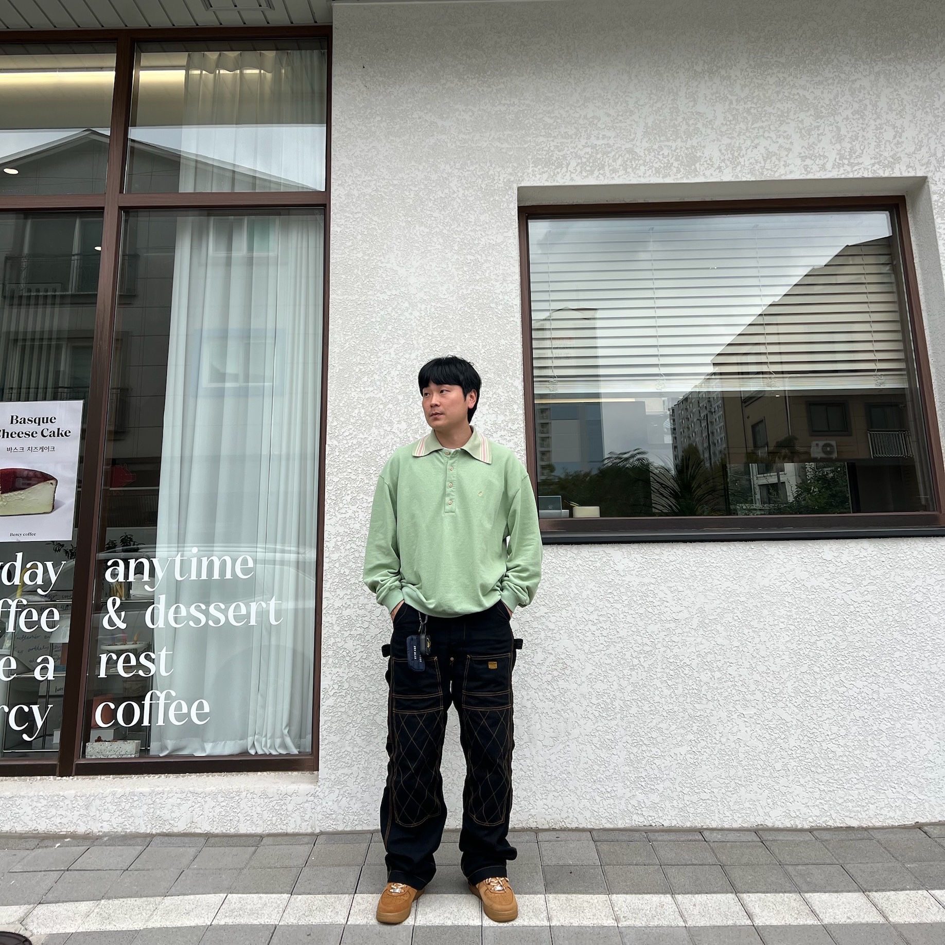 Kapital Pique Wrangle Collar Retro Polo Mint, Kapital Thin Canvas Lumber Pants Black 착용 스타일 - 1