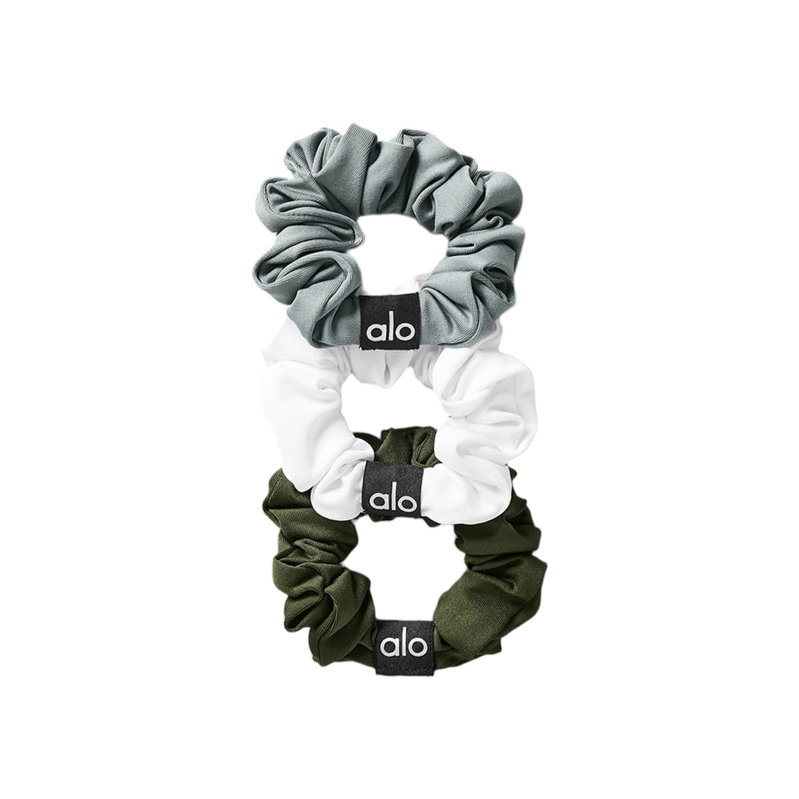 (W) 알로 요가 프레쉬 미니 스크런치 그린 올리브 루나 그레이 화이트 (3개입)((W) Alo Yoga Fresh Mini Scrunchie Green Olive Lunar Grey White (3 Pack)) - 1