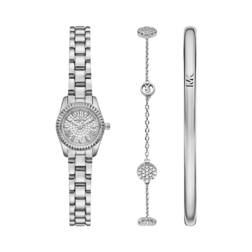 (W) 마이클 코어스 쁘띠 렉싱턴 파베 쿼츠 쓰리핸드 13mm 워치 주얼리 기프트 세트 실버((W) Michael Kors Petite Lexington Pave Quartz Three-Hand 13mm Watch and Jewelry Gift Set Silver)