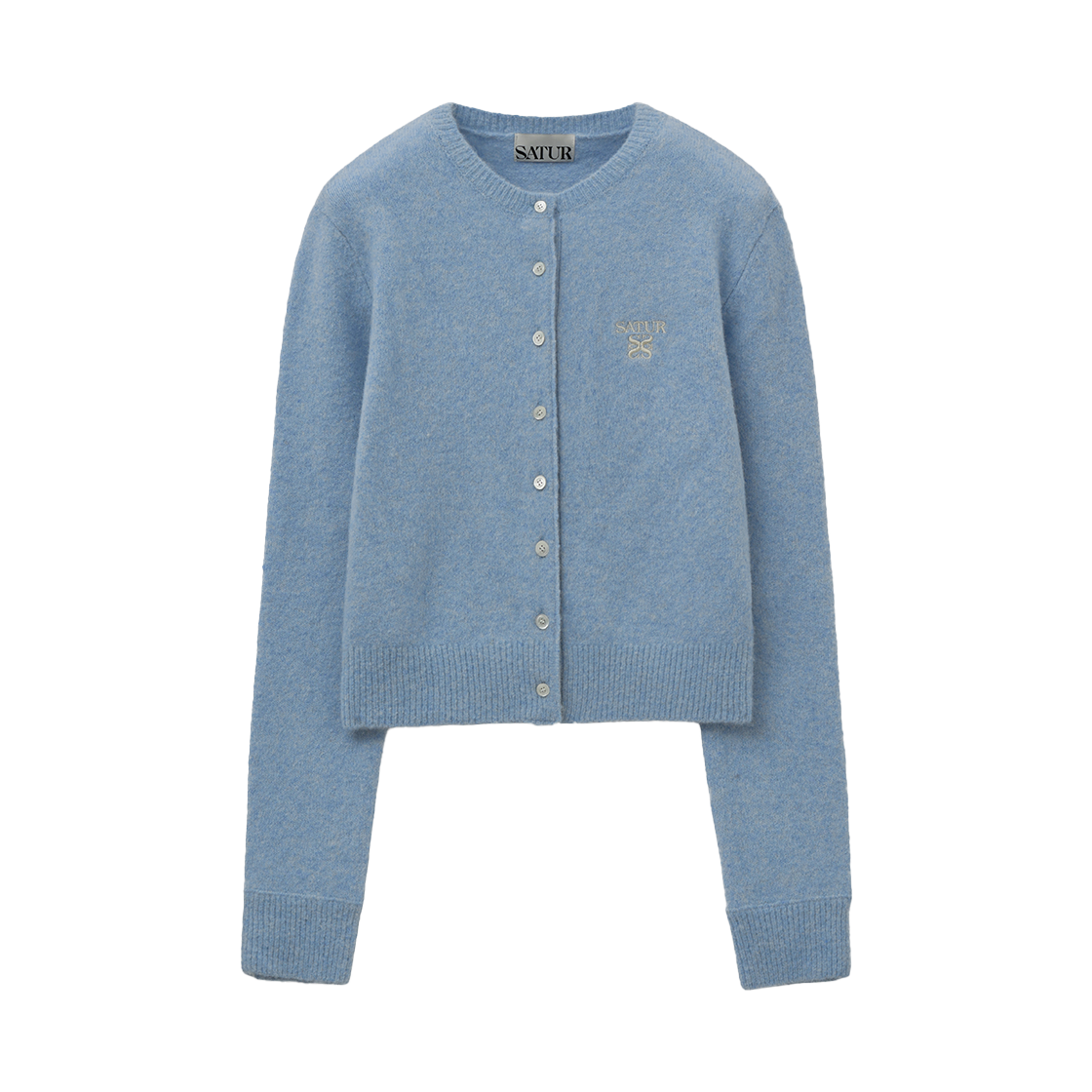SA254WKC08SBL0 SATUR W Loren Wool Blend Crew Neck Knit Cardigan Sky Blue