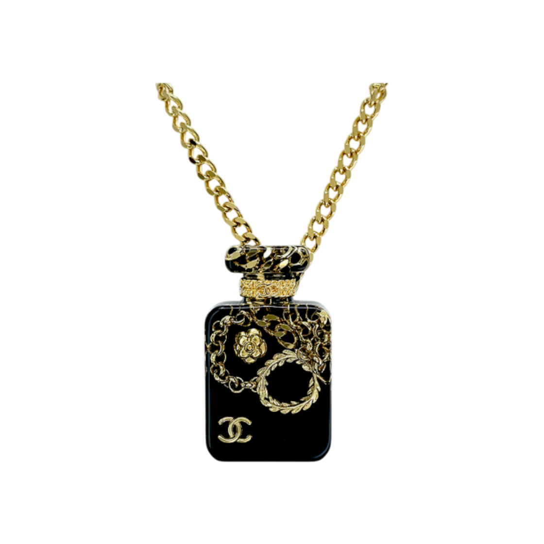 샤넬 향수병 네크리스 블랙 금장 (2ET1229)(Chanel Perfume Bottle Necklace Black and Gold)