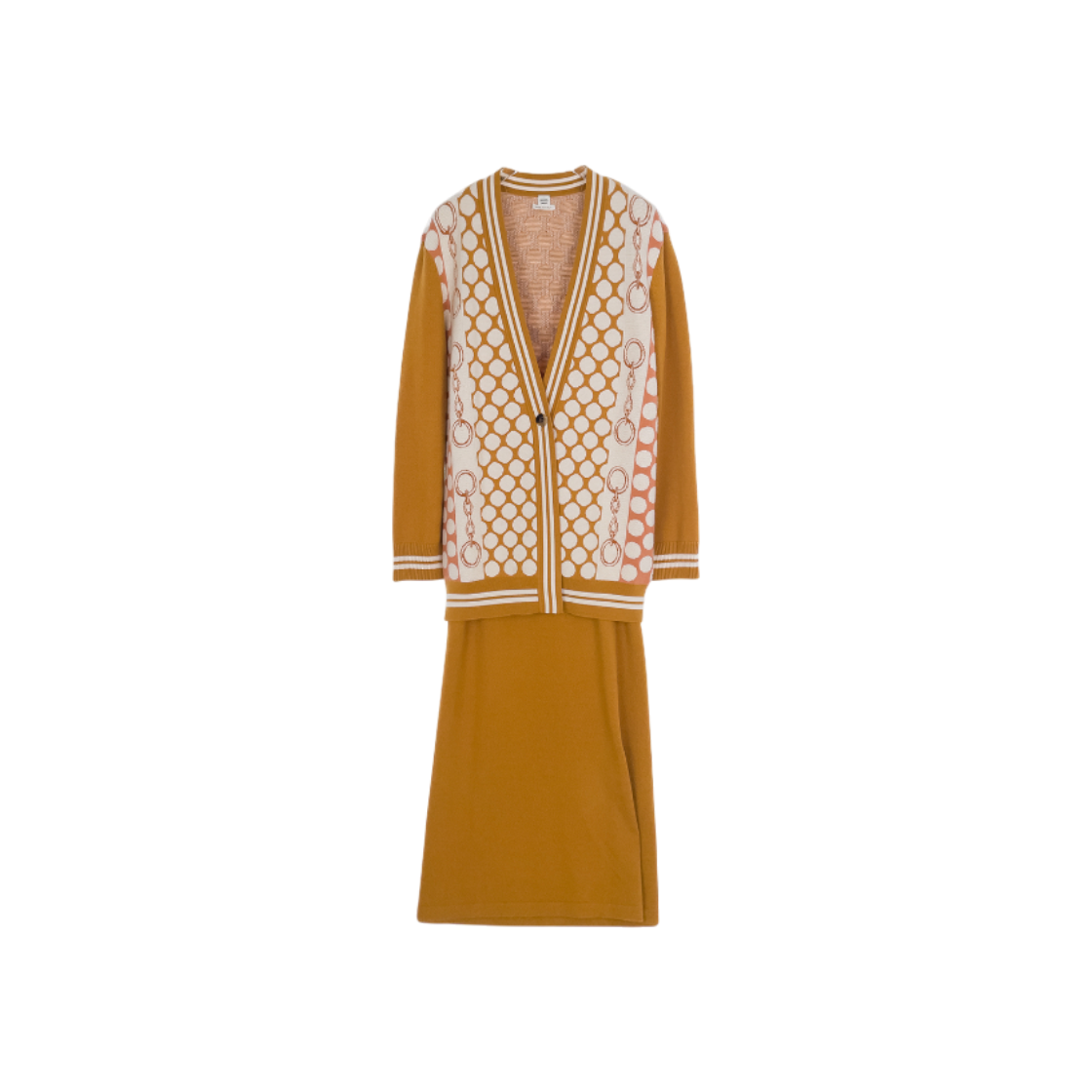 ITWH5MPFFLRF Hermes Dot Pattern Cardigan and Cashmere Midi Skirt Set Camel/Ivory