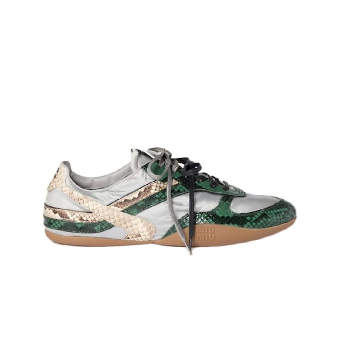 5E428E-3ZL4-F04UJ (W) Miu Miu Gymnasium Technical Fabric and Python Print Ayers Leather Sneakers Cloudy Gray Fir Green