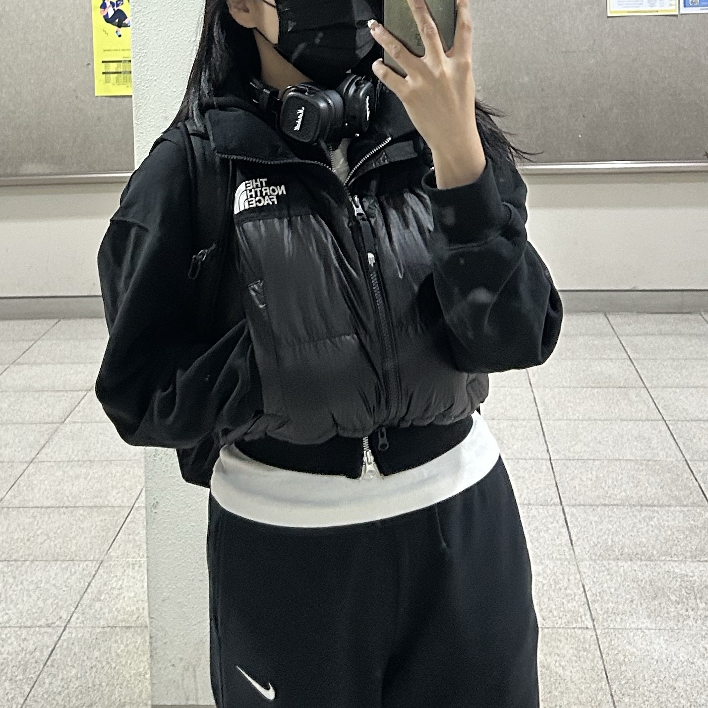 (W) The North Face White Label Novelty Nuptse Down Vest Black, BORN TO WIN Chrome B Crop Zip-Up Hoodie Black 착용 스타일