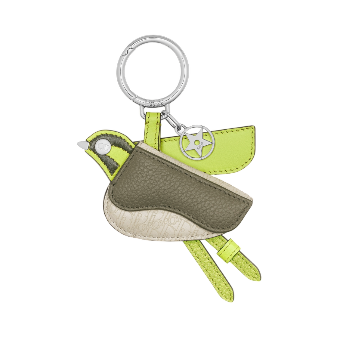 디올 새들 버드 키 링 스무스 카프스킨 그레인드 카프스킨 마이크로 디올 오블리크 카프스킨 그린 카키 베이지(Dior Saddle Bird Key Ring Smooth Calfskin Grained Calfskin Micro Dior Oblique Calfskin Green Khaki Beige) - 1