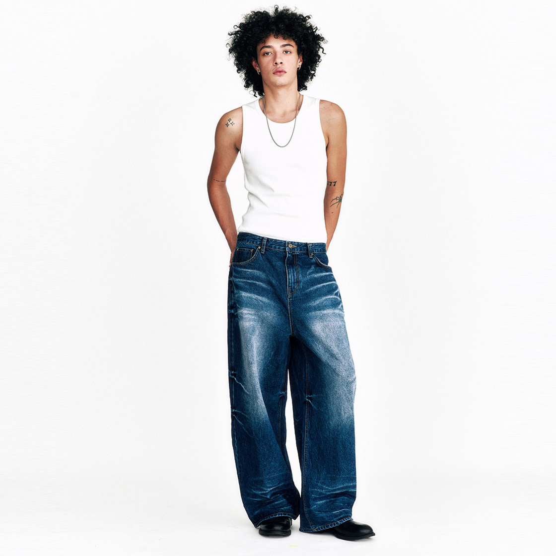 쎄르페 스태리 나이트 워시드 와이드 데님팬츠 블루(SSERPE Starry Night Washed Wide Denim Pants Blue) - 3