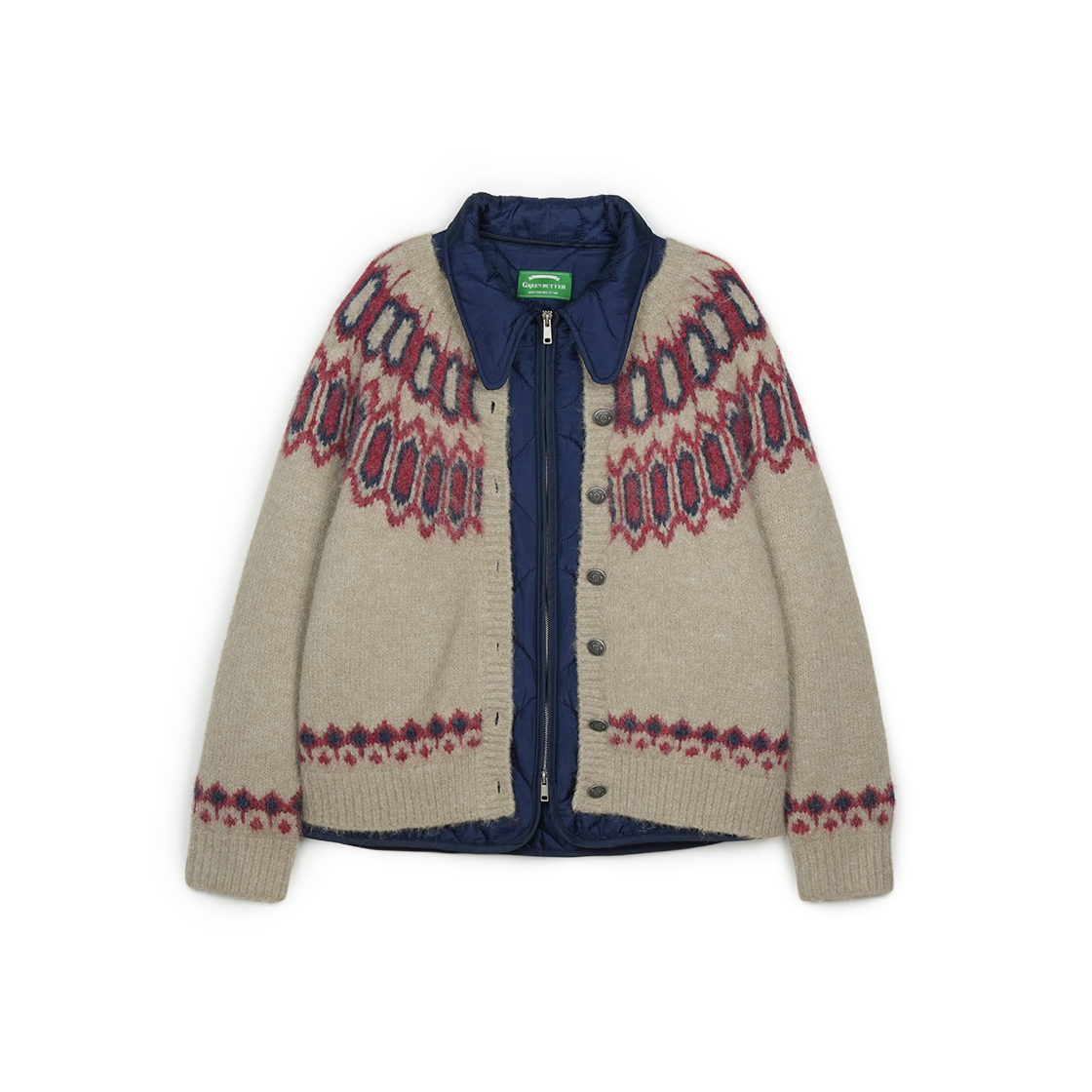 P0000BFB Greenbutter Double Layer Quilted Cardigan Navy/Beige