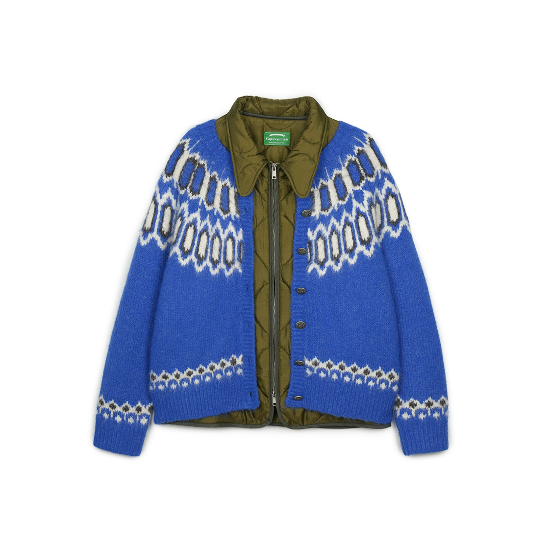 P0000BFC Greenbutter Double Layer Quilted Cardigan Khaki/Blue