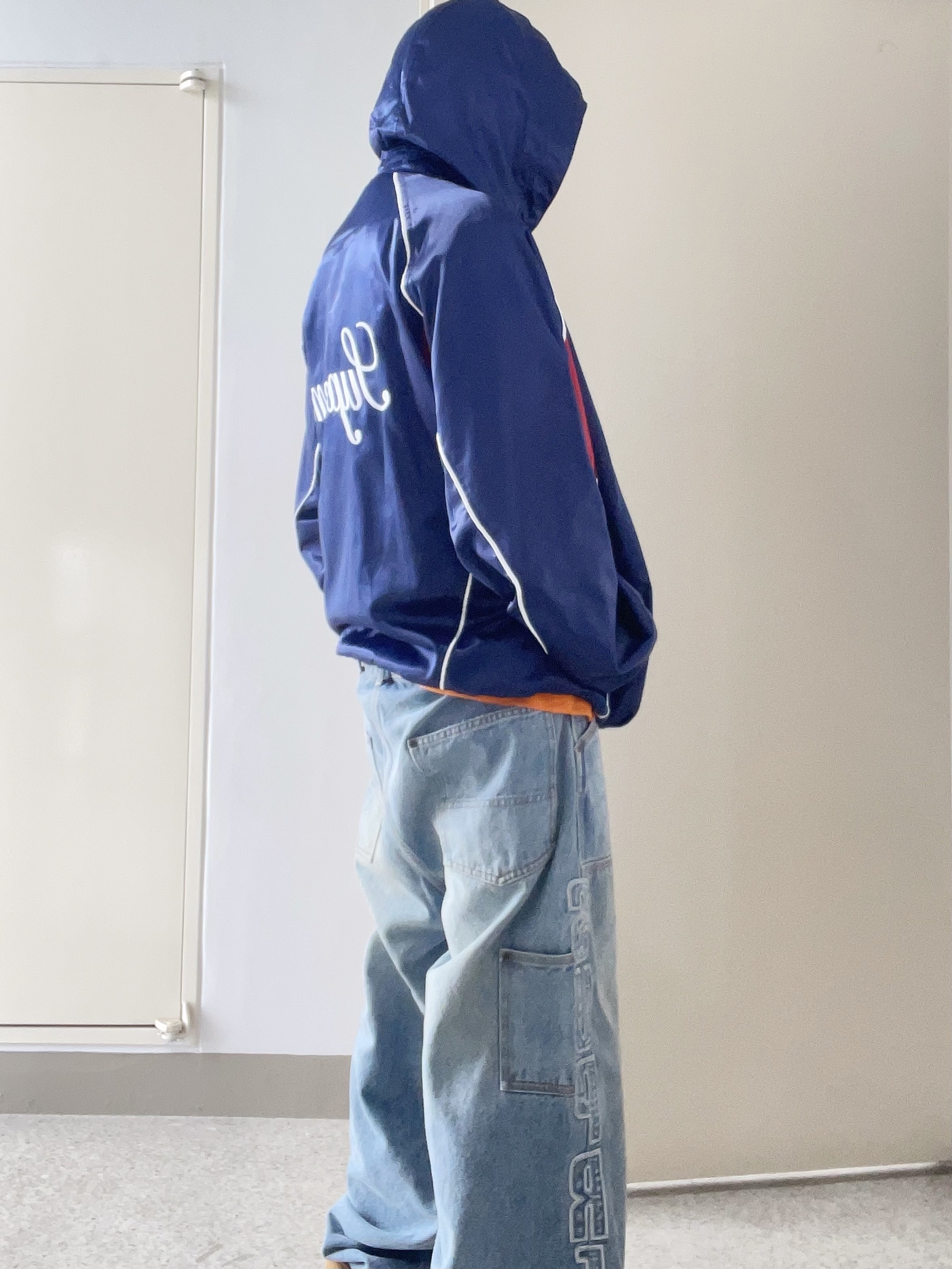 Supreme Satin Hooded Track Jacket Navy - 24SS, Supreme Reflective Double Knee Pants Denim - 25FW 착용 스타일 - 2