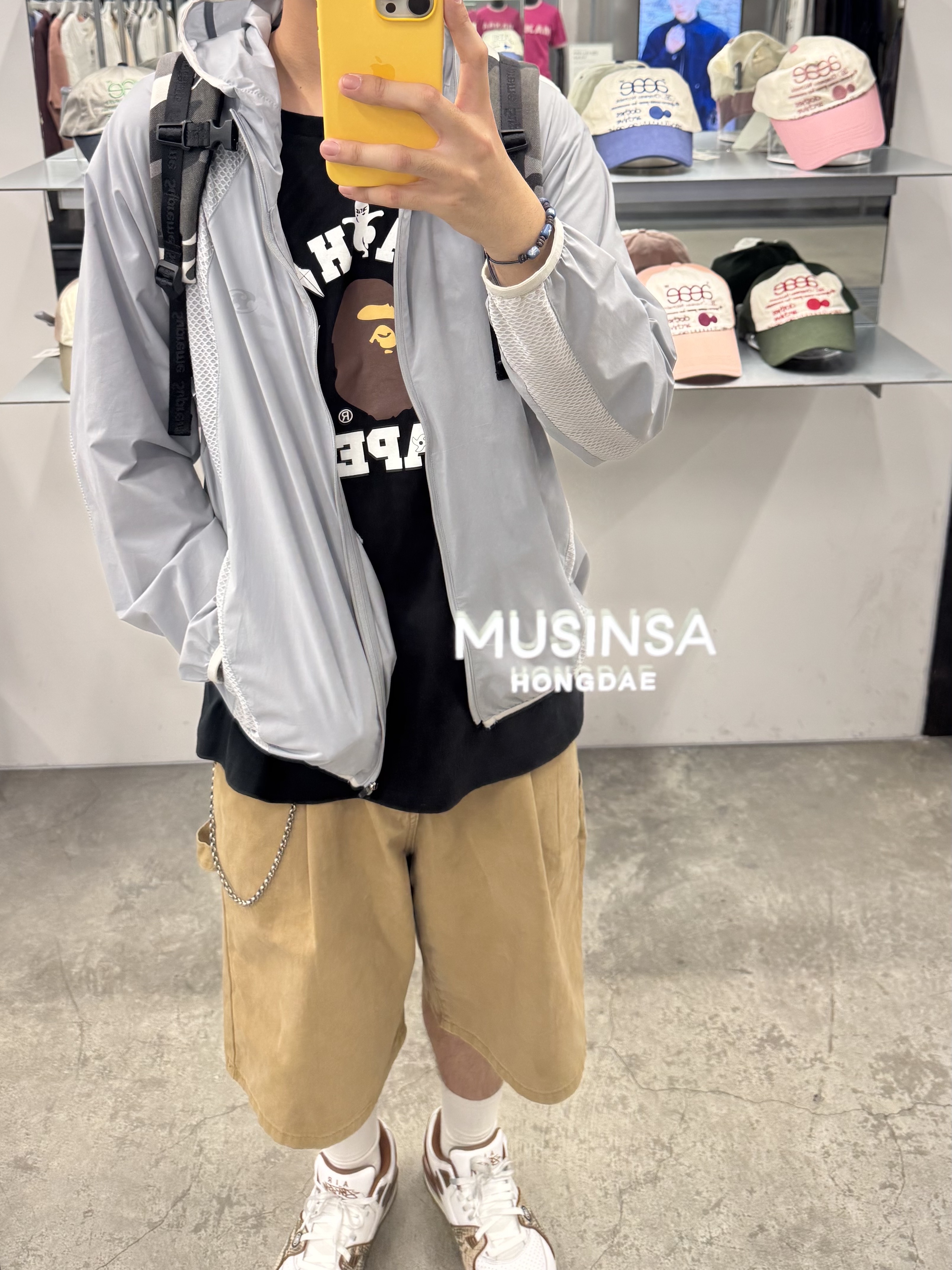 Sansan Gear Mesh Jacket Sky Blue - 22SS, BAPE Ninja College T-Shirt Black 착용 스타일