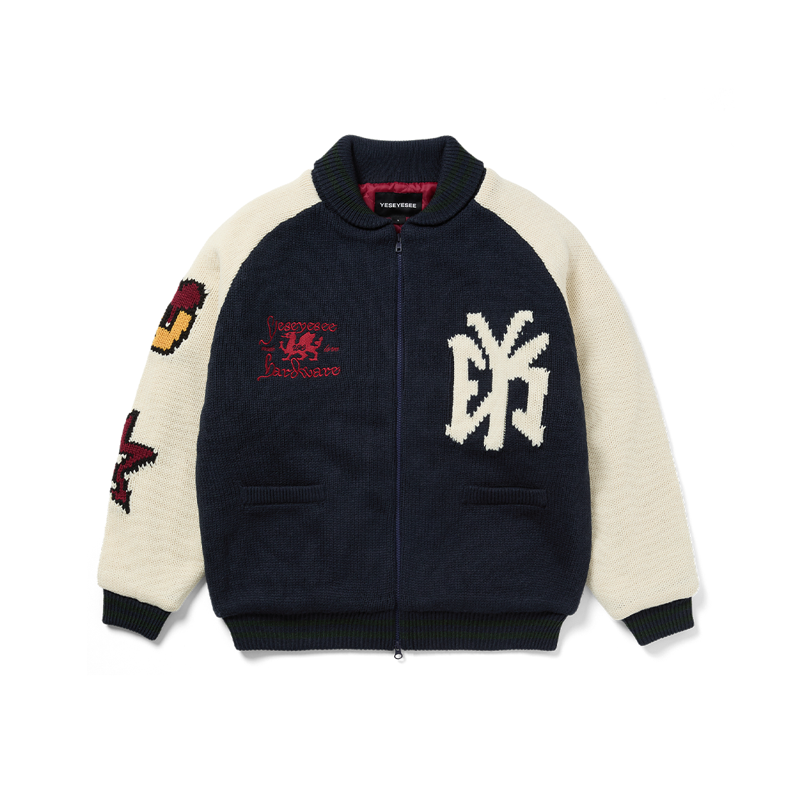 YS253KKNJK01NAV YESEYESEE Raglan Knit Varsity Jacket Navy