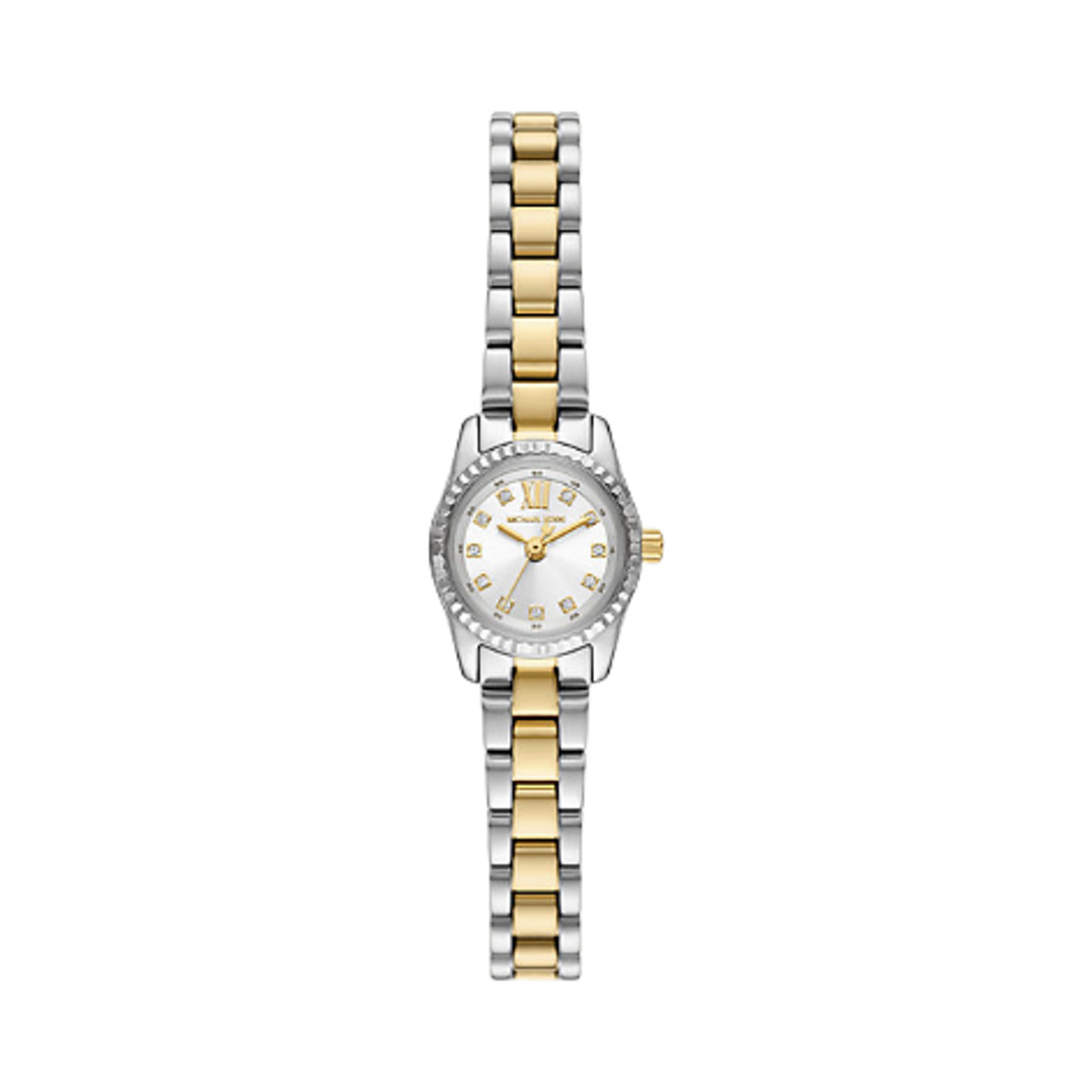 (W) 마이클 코어스 마이크로 렉싱턴 파베 쿼츠 쓰리핸드 13mm 스테인리스 스틸 투톤((W) Michael Kors Micro Lexington Pave Quartz Three-Hand 13mm Stainless Steel Two Tone)