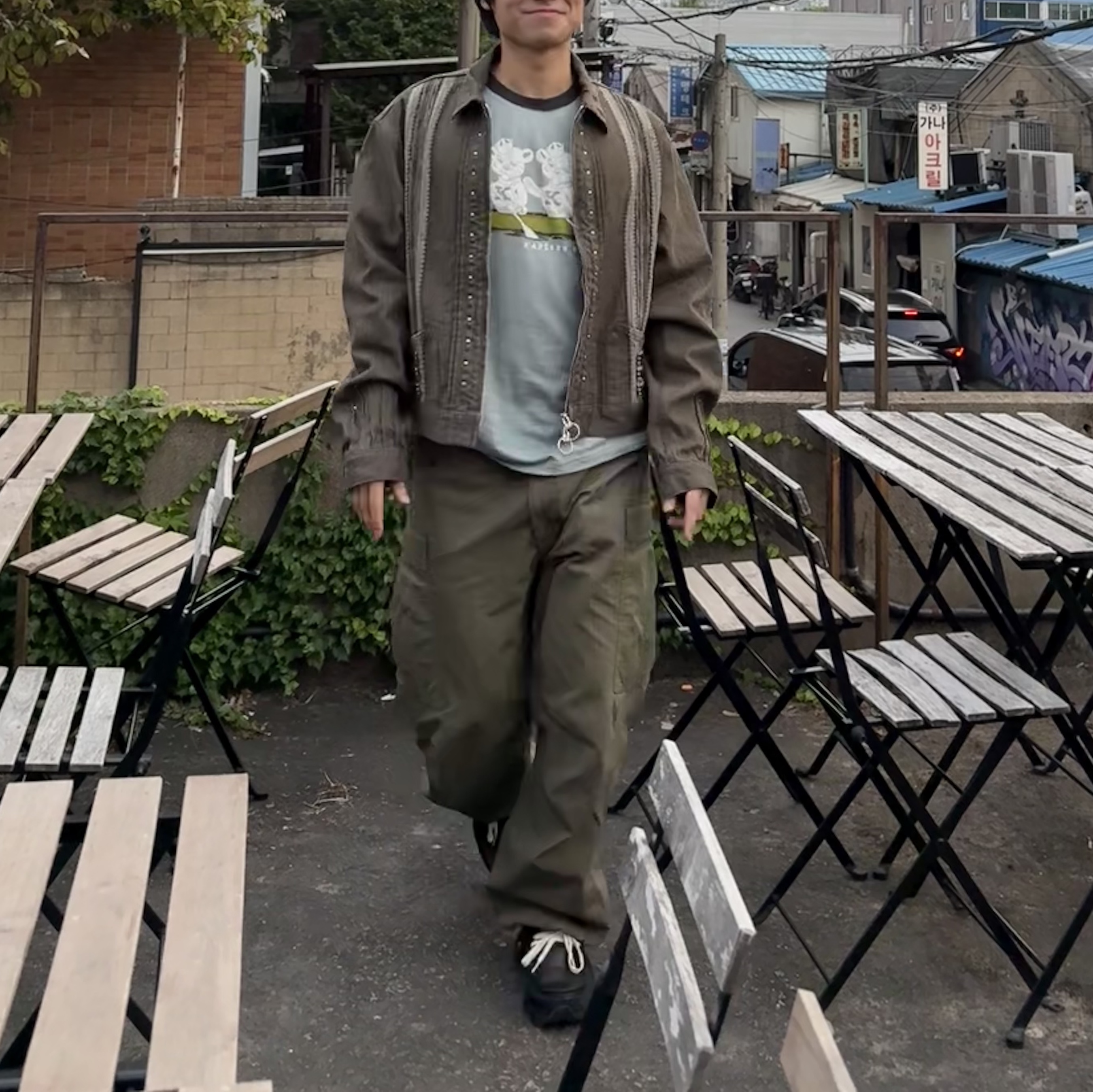 Kapital 12 oz. Yagasuri Jacquard Denim Chimayo Drizzler Jacket Khaki, Nanamica Cargo Pants Khaki 착용 스타일 - 3