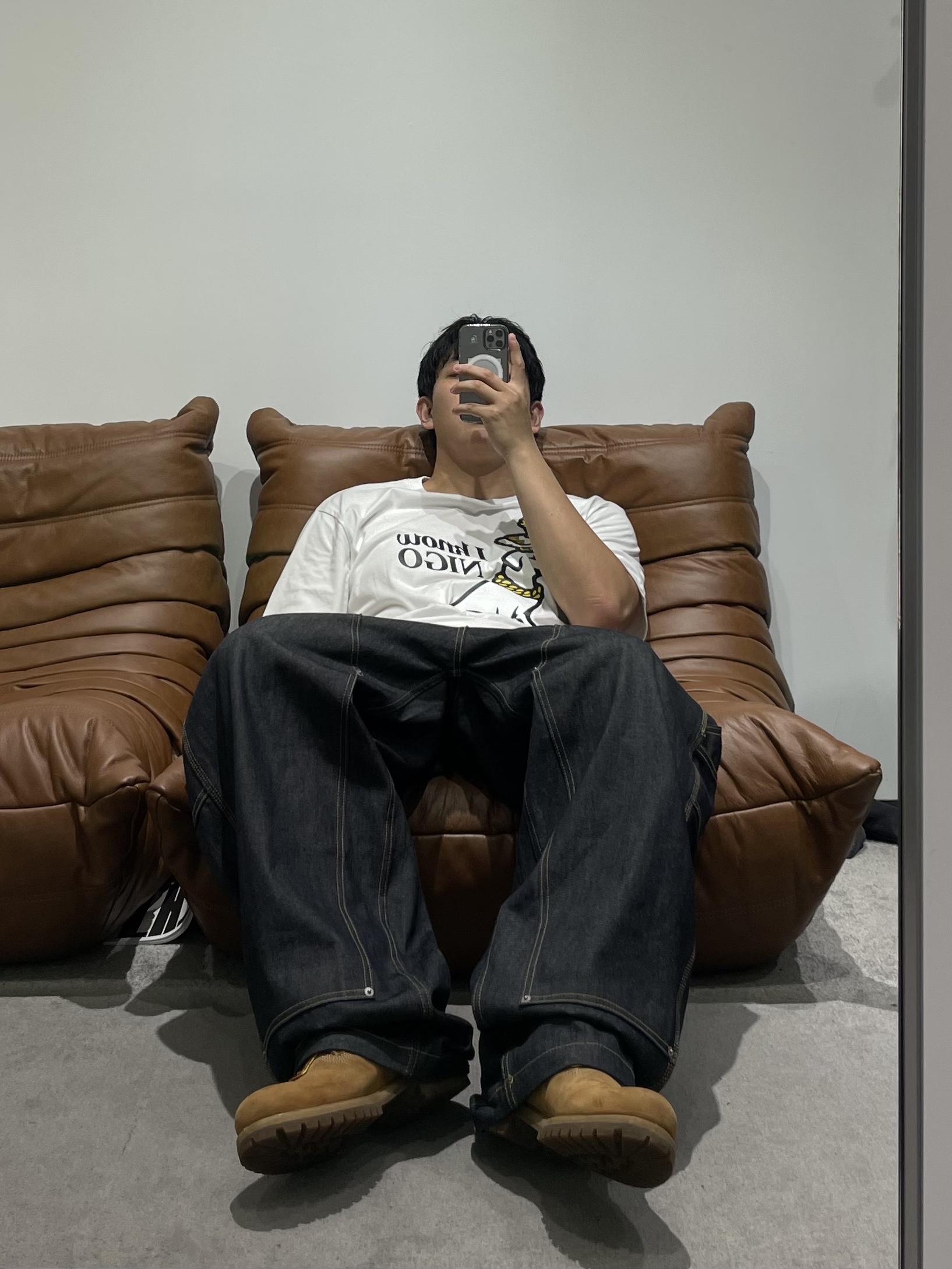 GRAILZ x KOIN SEOUL Carpenter Raw Denim Pants Indigo, Timberland Premium 6 inch Waterproof Boot Wheat Nubuck - Wide 착용 스타일 - 1