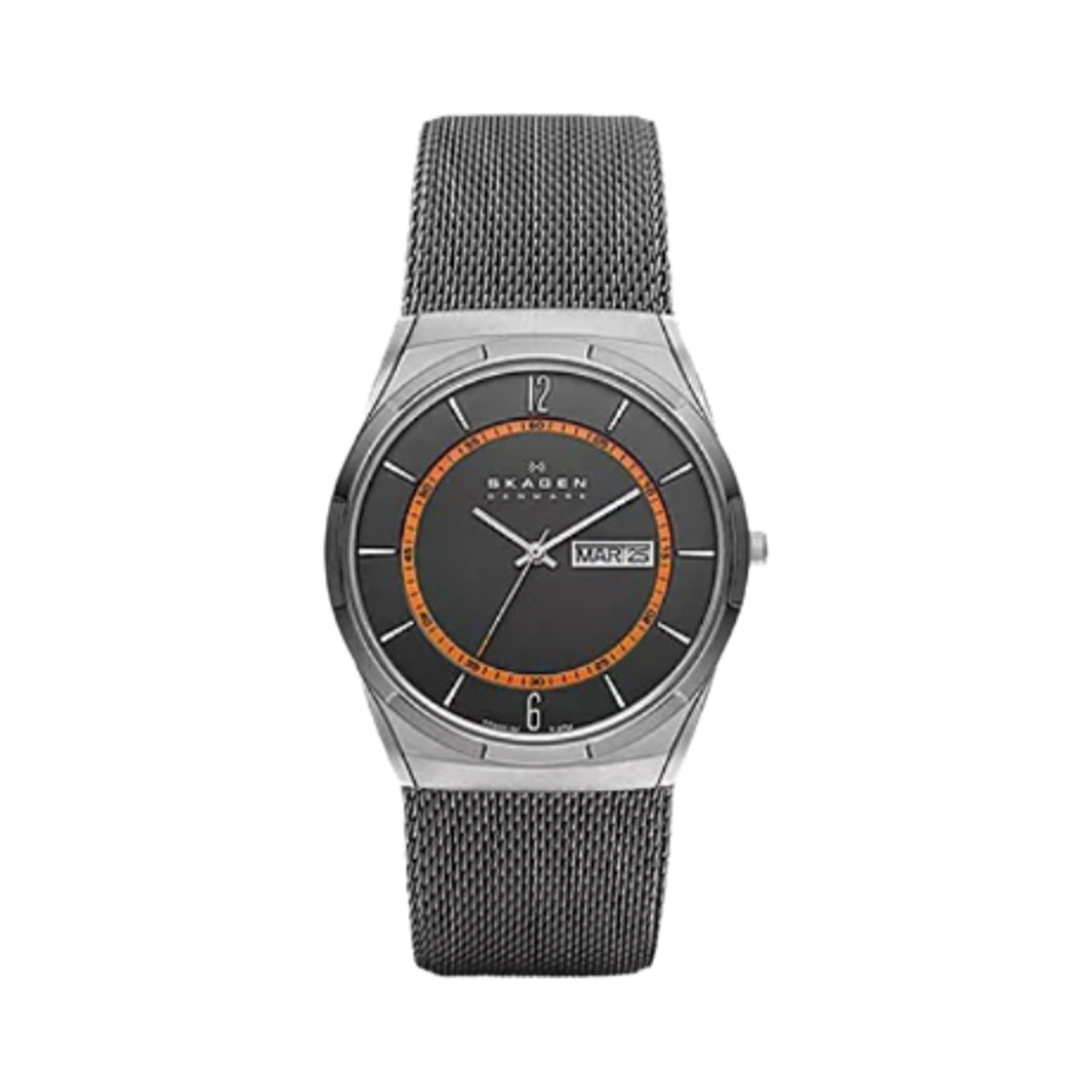스카겐 멜바이 쿼츠 쓰리핸드 데이데이트 40mm 티타늄 스테인리스 스틸 메쉬 차콜(Skagen Melbye Quartz Three-Hand Day-Date 40mm Titanium and Stainless Steel Mesh Charcoal)