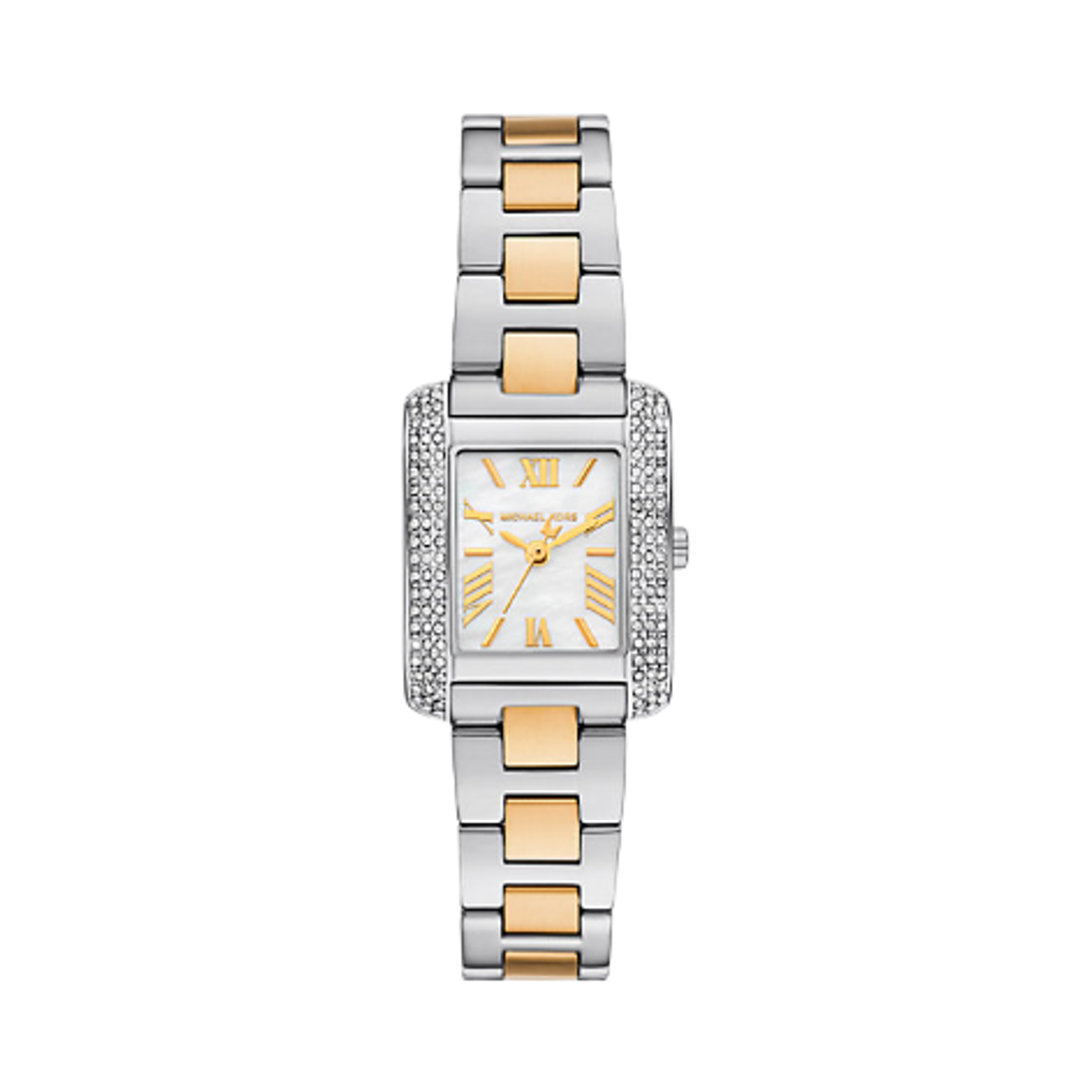 (W) 마이클 코어스 쁘띠 에머리 파베 쿼츠 쓰리핸드 22mm 스테인리스 스틸 투톤((W) Michael Kors Petite Emery Pave Quartz Three-Hand 22mm Stainless Steel Two Tone)