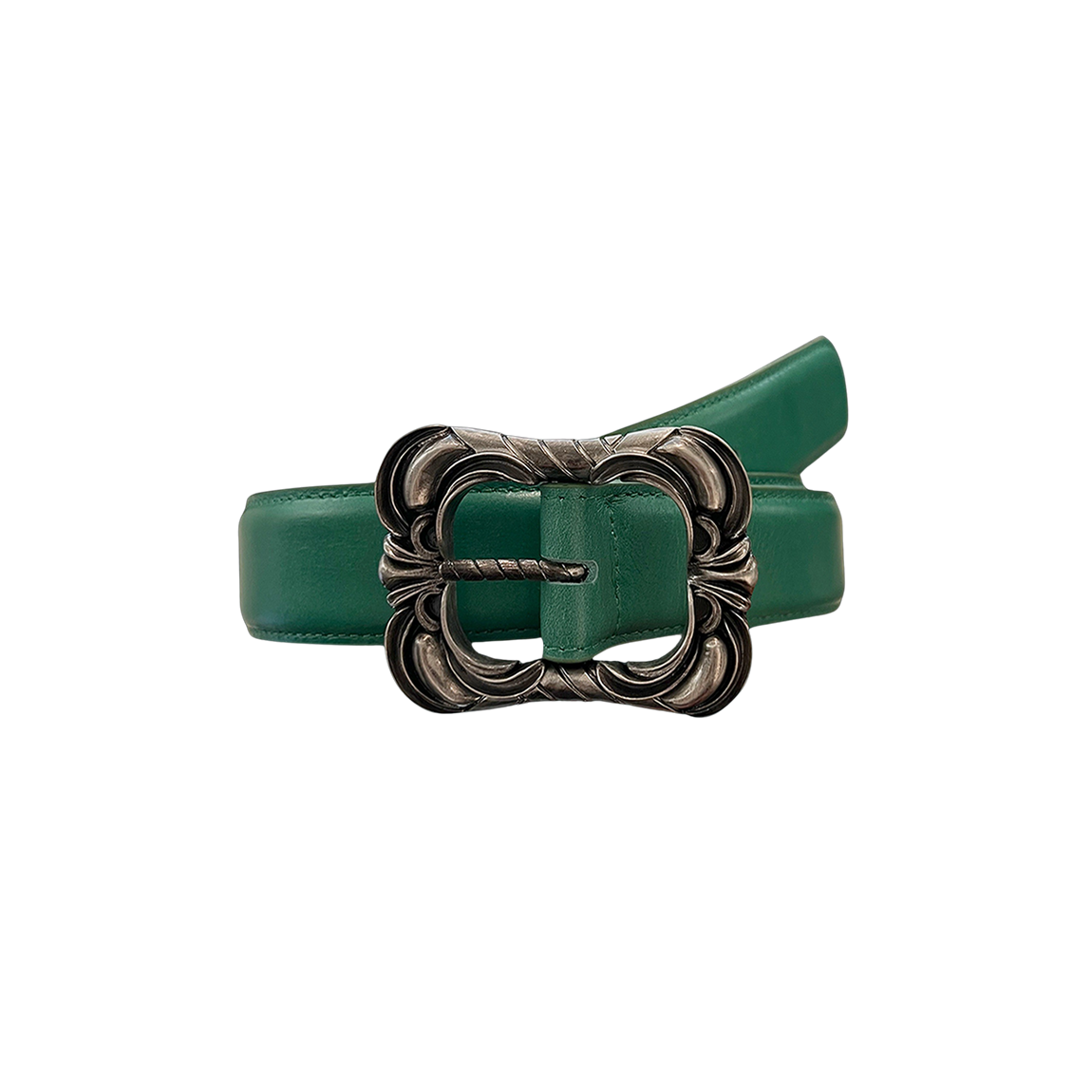 언더마이카 25FW 더블 플로럴 버클 플레인 레더 벨트 그린(Undermycar 25FW Double Floral Buckle Plain Leather Belt Green)