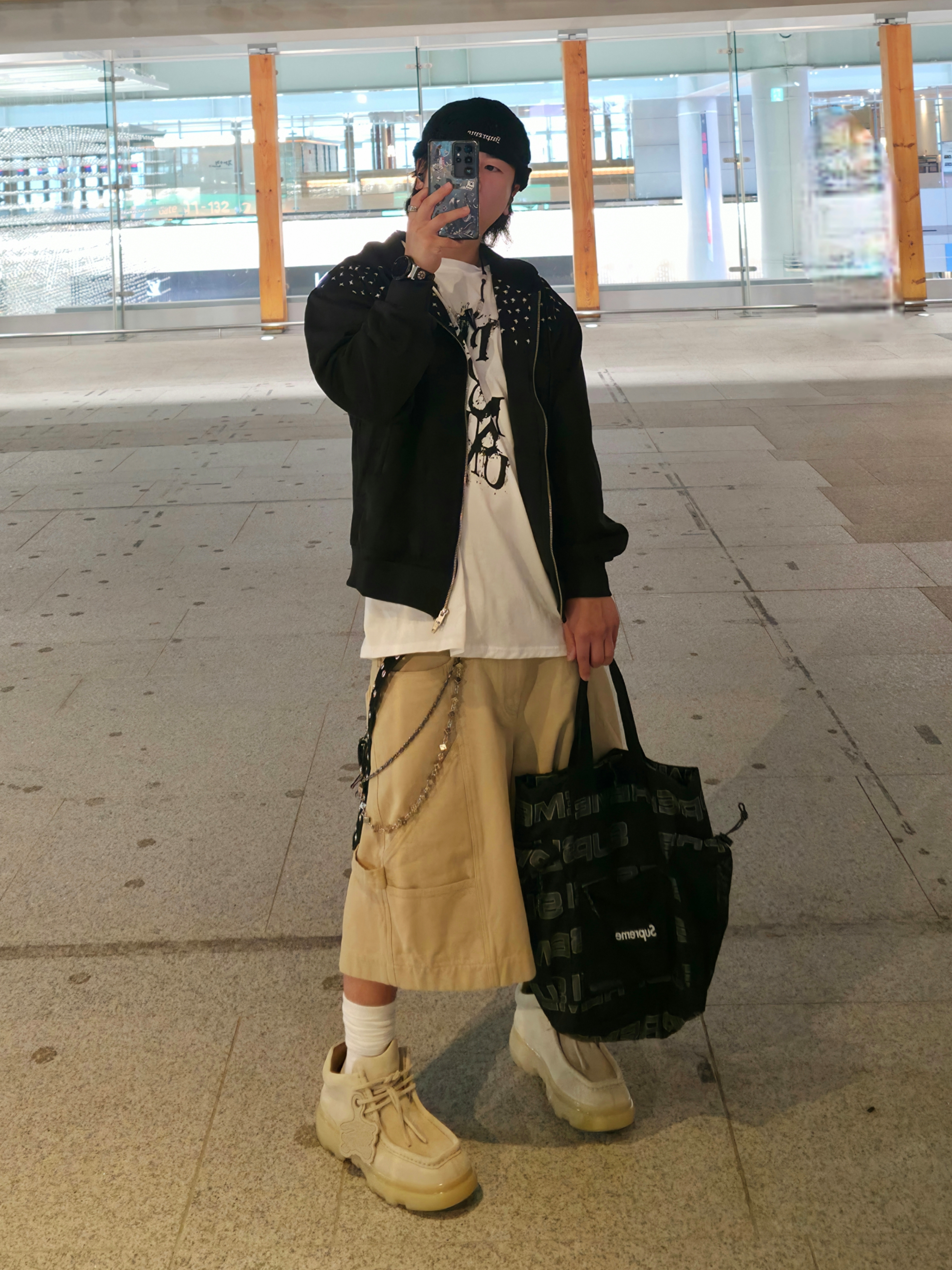 Supreme Block Knit Beanie Black - 25SS, qAp VTG Work Pants Beige 착용 스타일 - 3