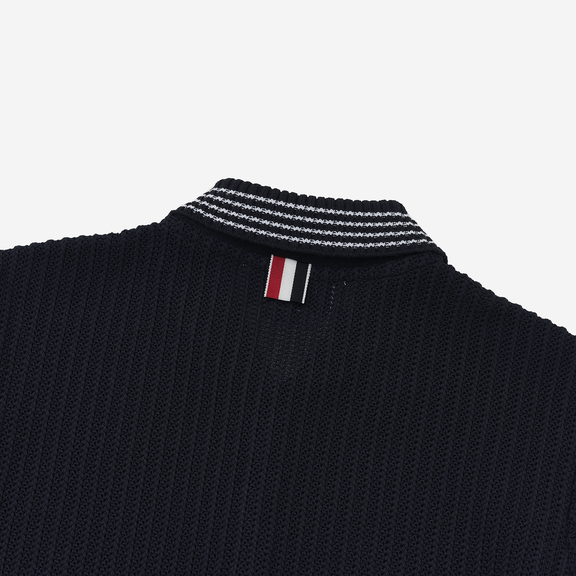 (W) 톰브라운 솔리드 라셀 티핑 스트라이프 숏슬리브 폴로 네이비((W) Thom Browne Solid Raschel Tipping Stripe Short Sleeve Polo Navy) - 5