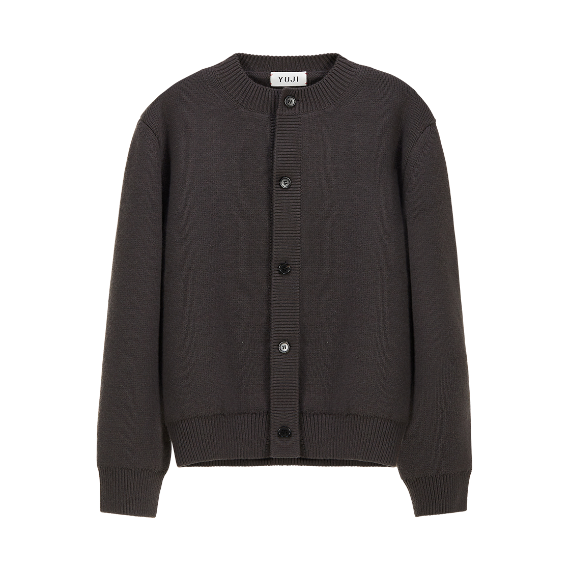 유지 로고 패치 컴팩트 니트 가디건 다크 그레이(YUJI Logo Patch Compack Knit Cardigan Dark Grey)