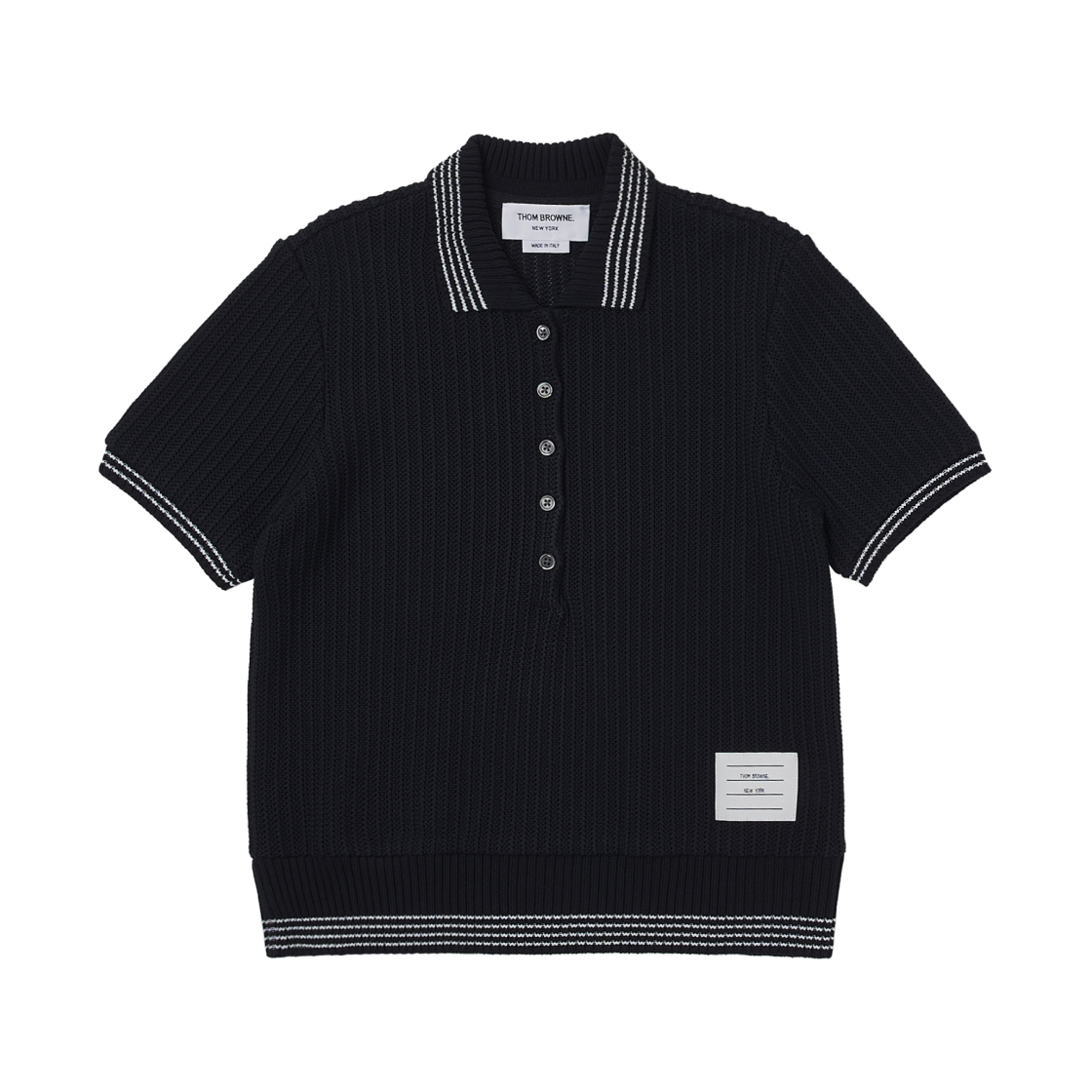 (W) 톰브라운 솔리드 라셀 티핑 스트라이프 숏슬리브 폴로 네이비((W) Thom Browne Solid Raschel Tipping Stripe Short Sleeve Polo Navy) - 1