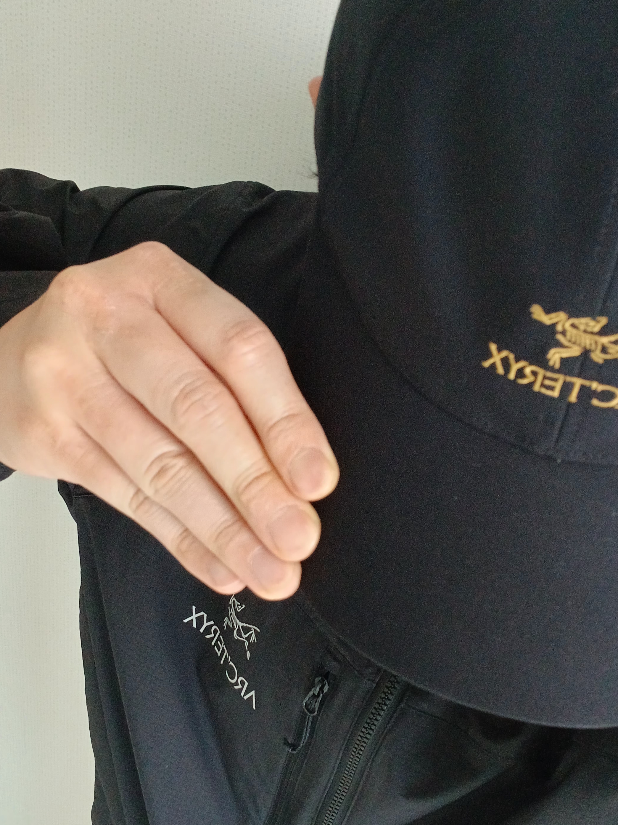 Arc'teryx Squamish Hoody Black, Arc'teryx Cormac Logo SS T-Shirt Black Sapphire Heather 착용 스타일 - 3