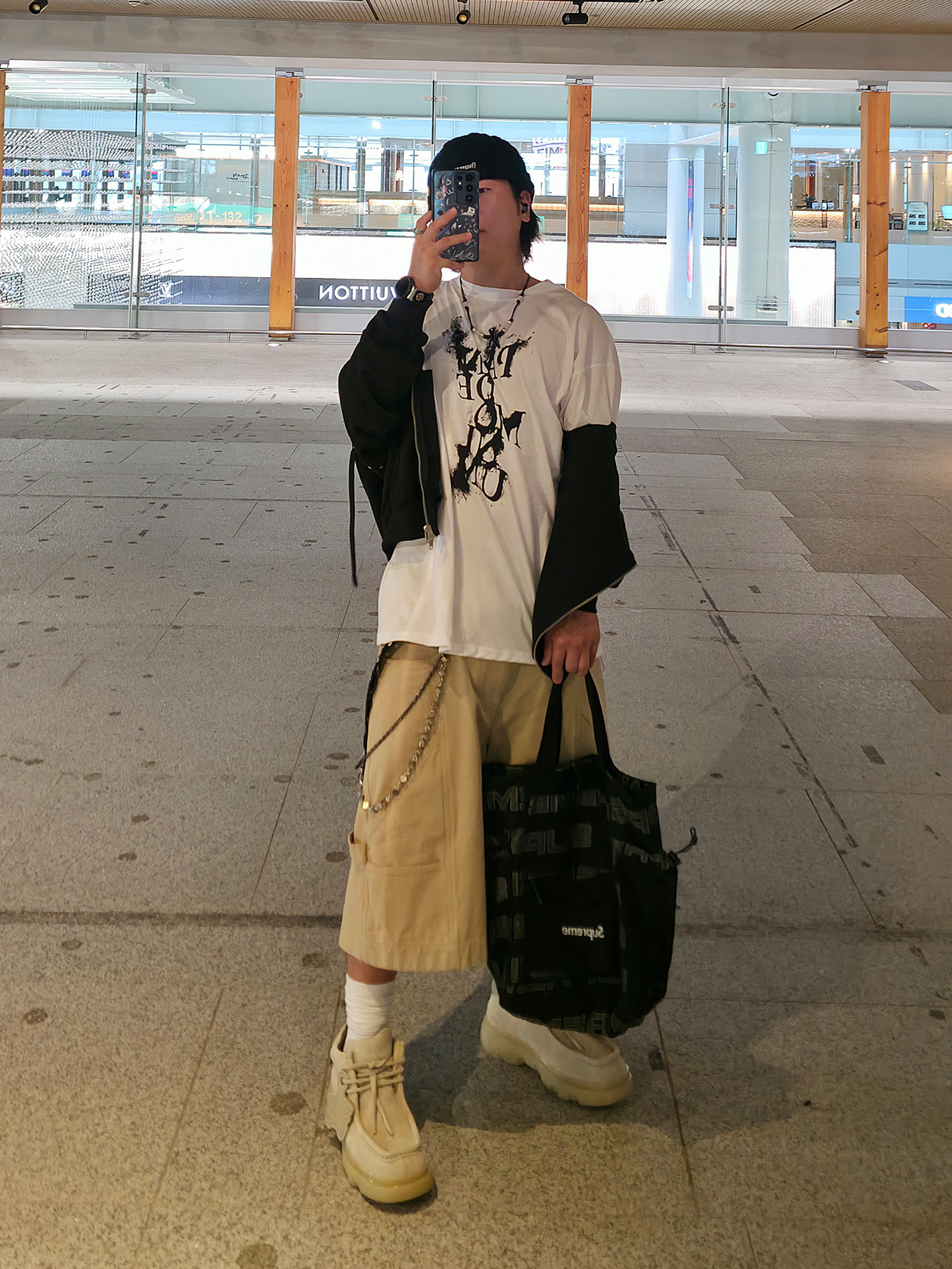 Supreme Block Knit Beanie Black - 25SS, qAp VTG Work Pants Beige 착용 스타일 - 5