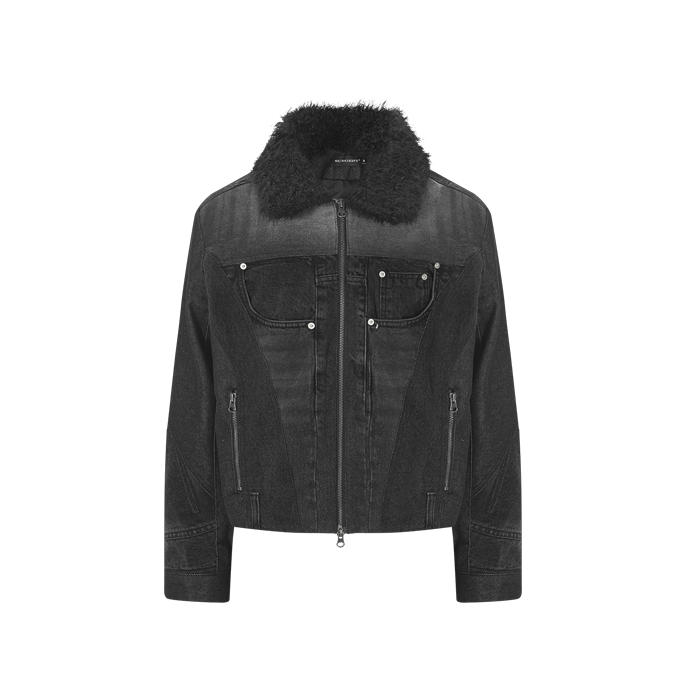 S06001 Surgery Fur Trimming Denim Jacket Black