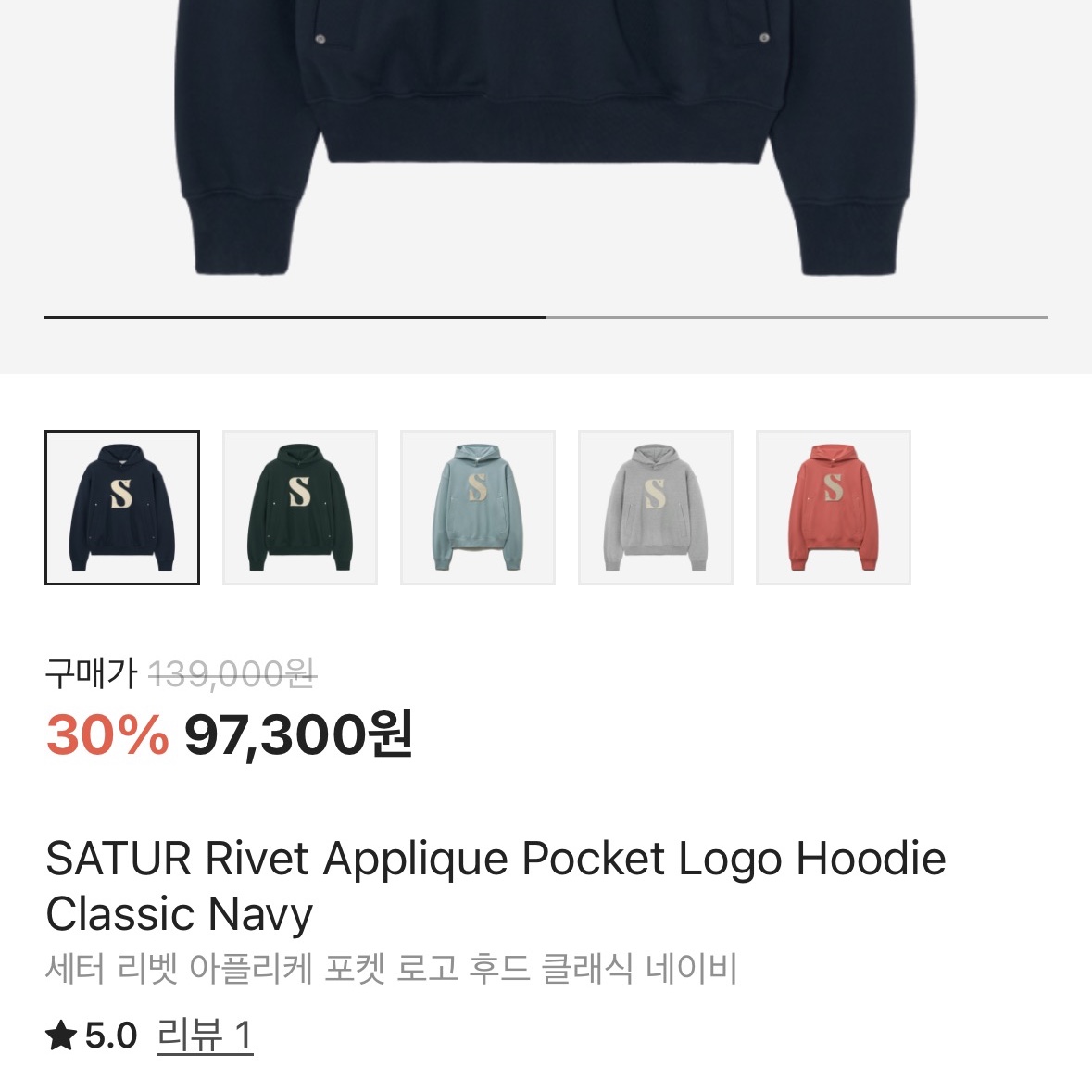 SATUR Rivet Applique Pocket Logo Hoodie Classic Navy 착용 스타일