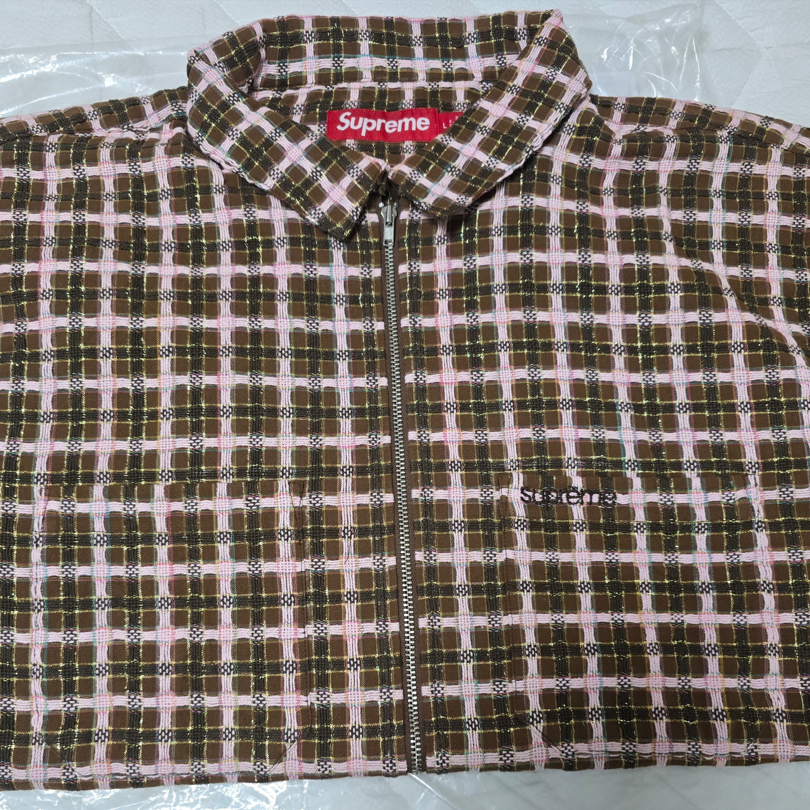 Supreme Metallic Plaid Zip Up Shirt Brown - 25FW 착용 스타일