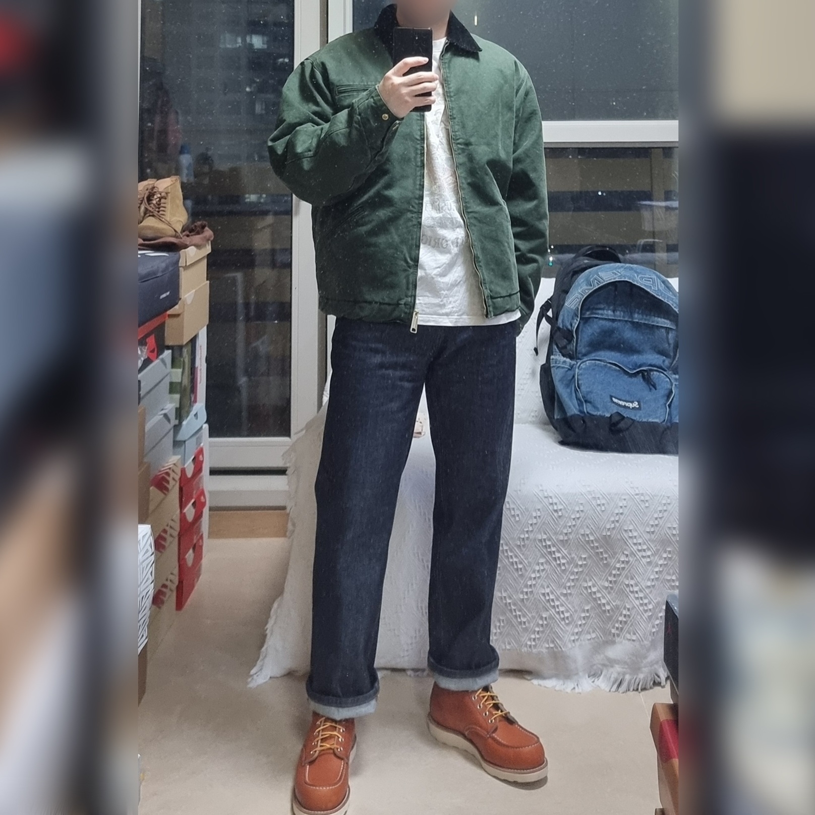 Carhartt WIP OG Detroit Jacket Olive Black Stone Canvas - Winter 착용 스타일 - 1