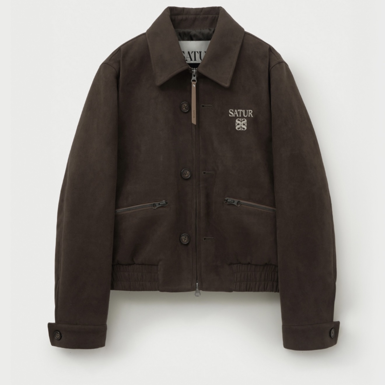 SATUR W Teo Faux Suede Short Jacket Dark Brown 착용 스타일 - 2