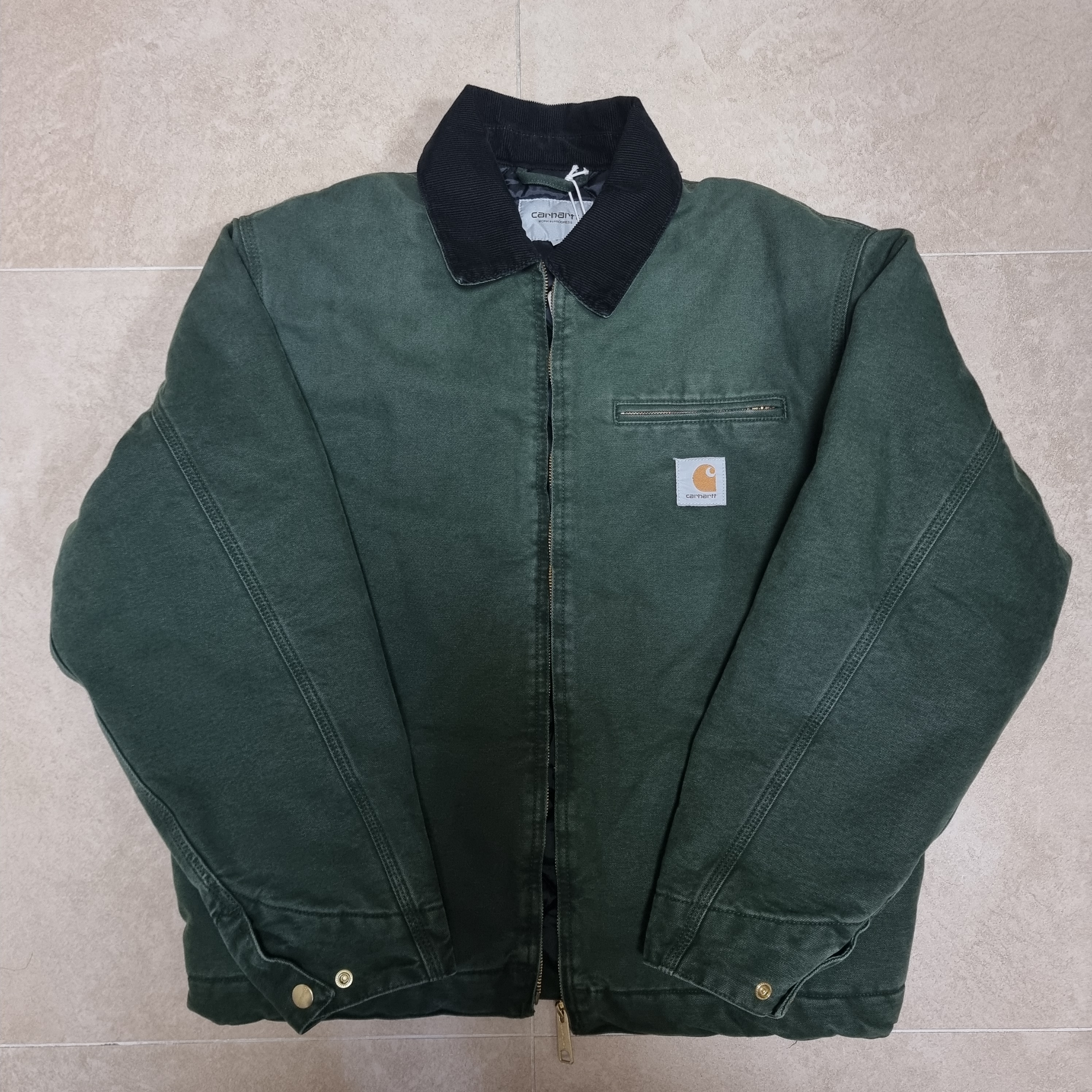 Carhartt WIP OG Detroit Jacket Olive Black Stone Canvas - Winter 착용 스타일 - 2