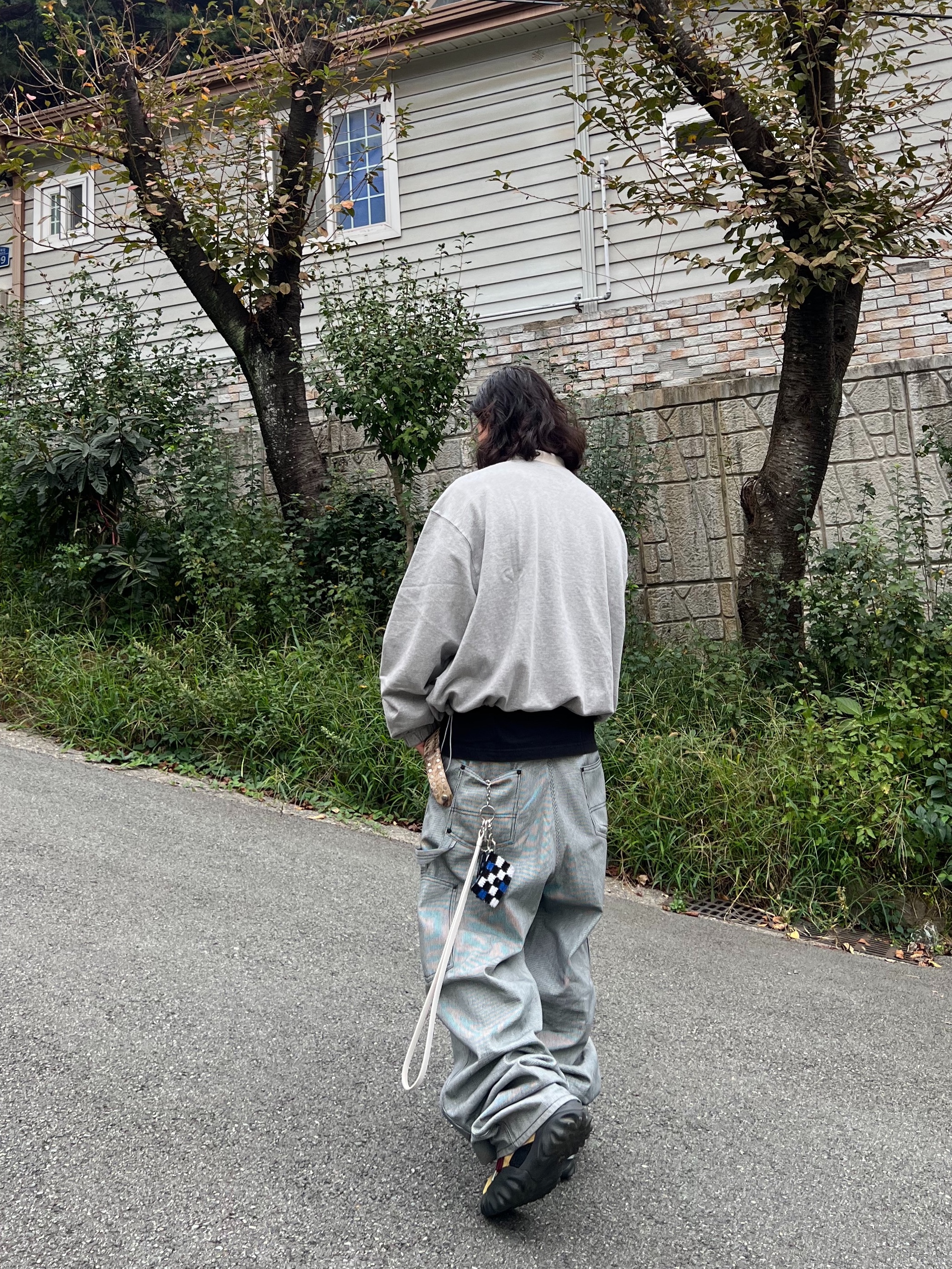 Undermycar Stripe Engineers Double Knee Work Pants Black Stripe - 24FW, Undermycar Mu.140 Combi Crop Collar Sweatshirt Melange Gray 착용 스타일 - 7