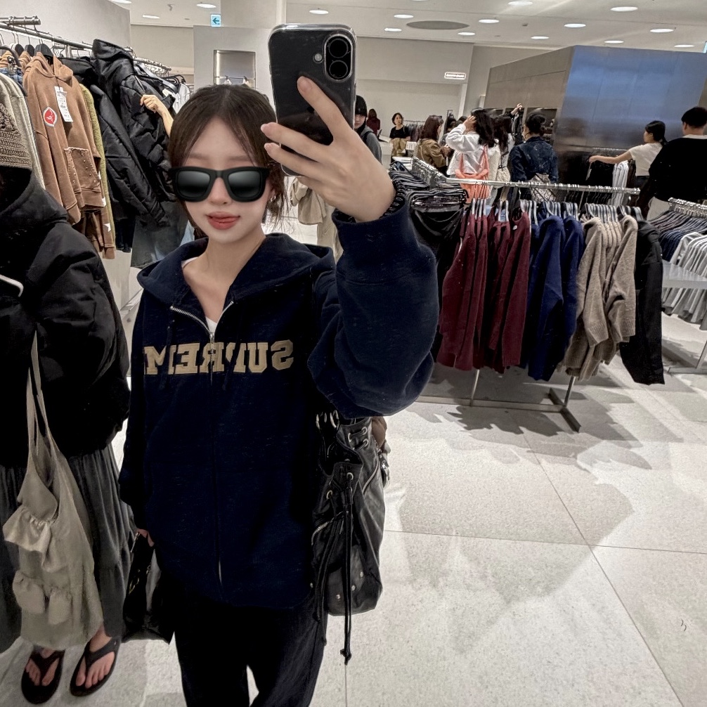 Supreme Collegiate Applique Zip Up Hooded Sweatshirt Navy - 25FW 착용 스타일