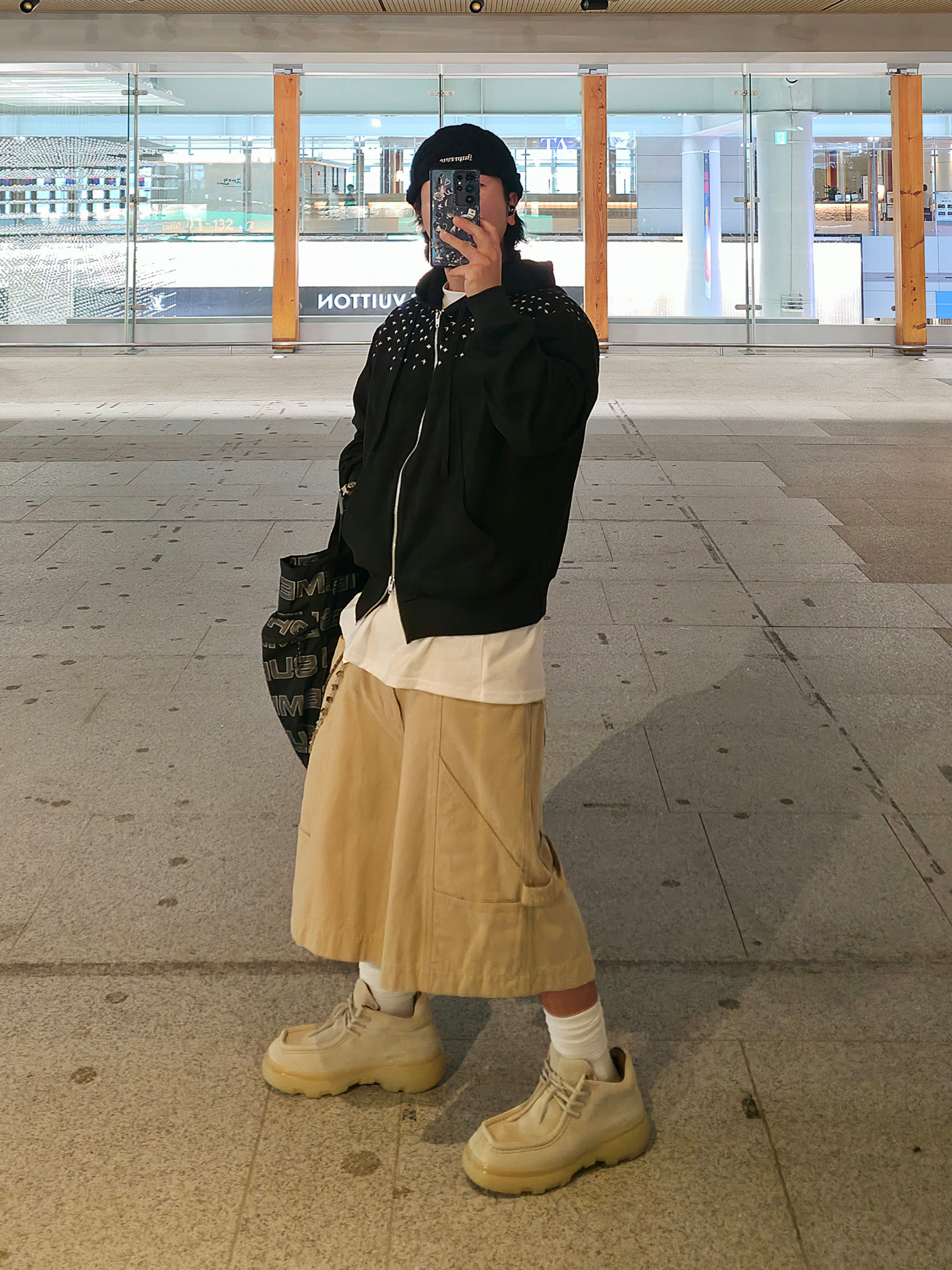 Supreme Block Knit Beanie Black - 25SS, qAp VTG Work Pants Beige 착용 스타일 - 2