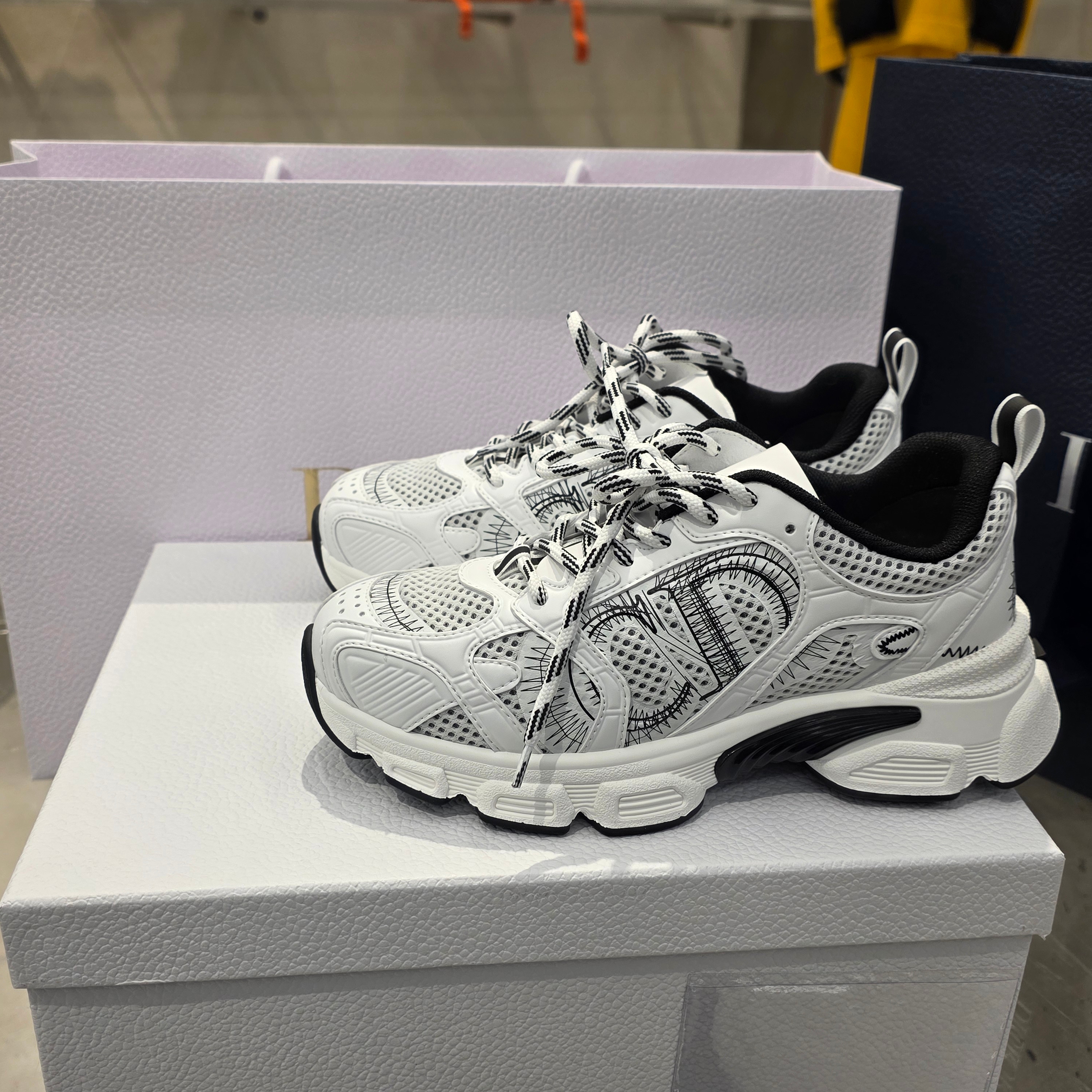 (W) Dior Chrono Sneakers Mesh Laminated Leather White Black 착용 스타일