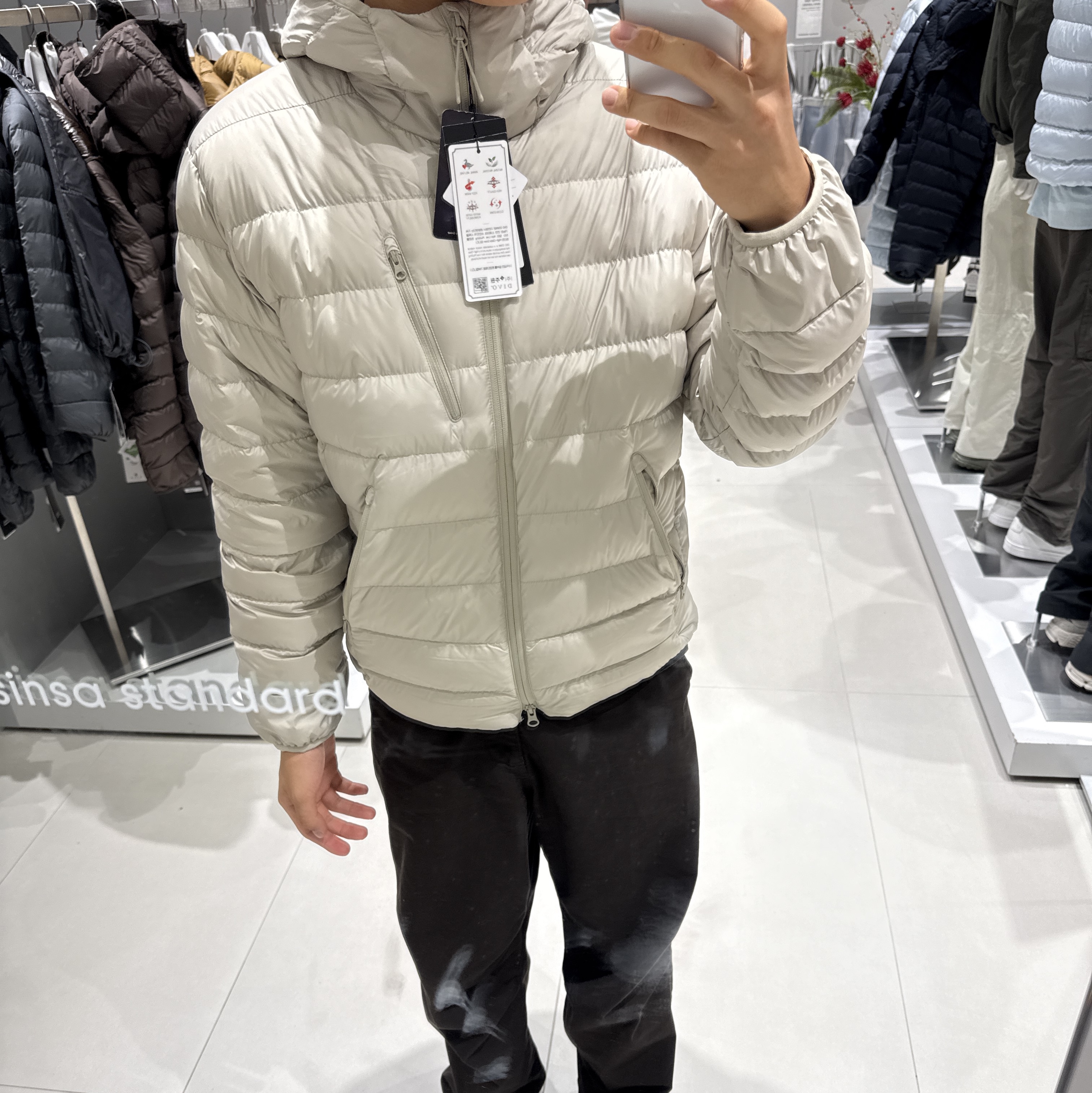 Musinsa Standard City Leisure Hooded Light Down Jacket Dusty Beige 착용 스타일