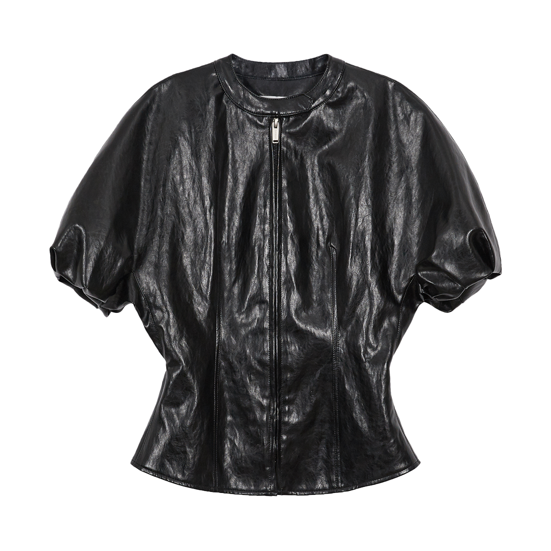 유지 포 레더 퍼프 슬리브 탑 블랙(YUJI Faux Leather Puff Sleeves Top Black)