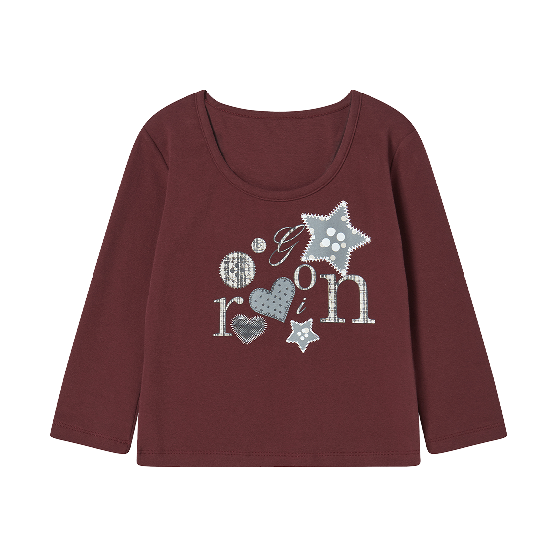 RG_25_FA2_LS_17 Rogin N Rosie Mixed Motif Printed RnR Long Sleeve Burgundy