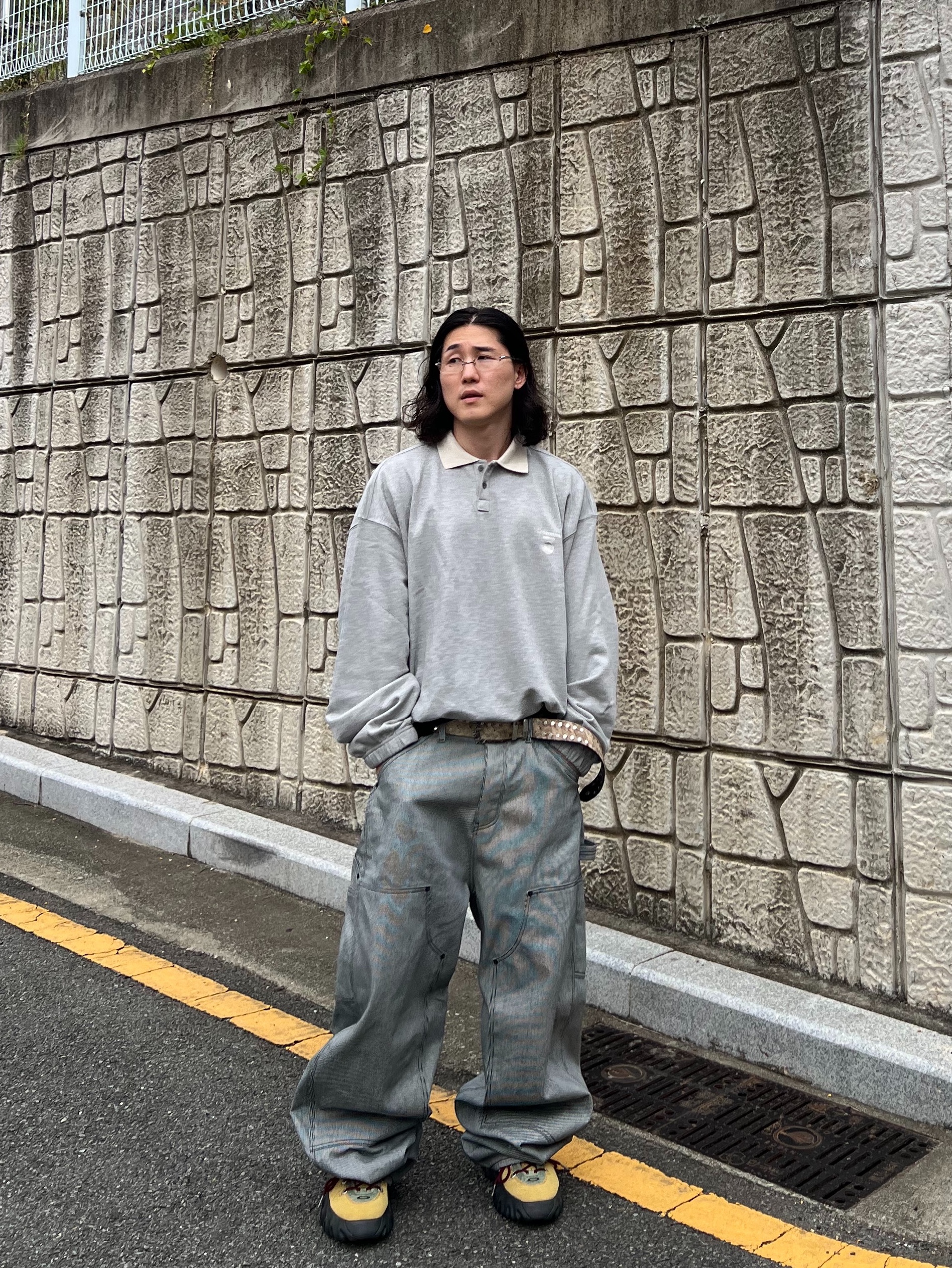 Undermycar Stripe Engineers Double Knee Work Pants Black Stripe - 24FW, Undermycar Mu.140 Combi Crop Collar Sweatshirt Melange Gray 착용 스타일 - 2