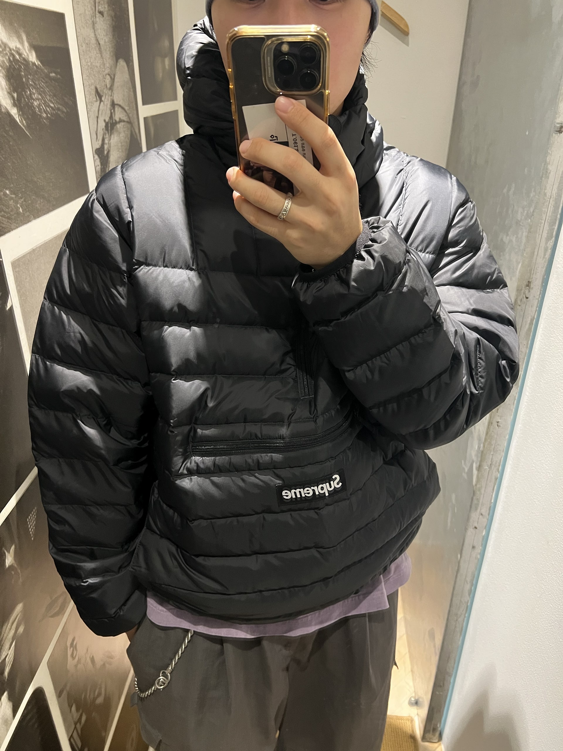 Supreme Micro Down Half Zip Hooded Pullover Black - 25FW 착용 스타일 - 2