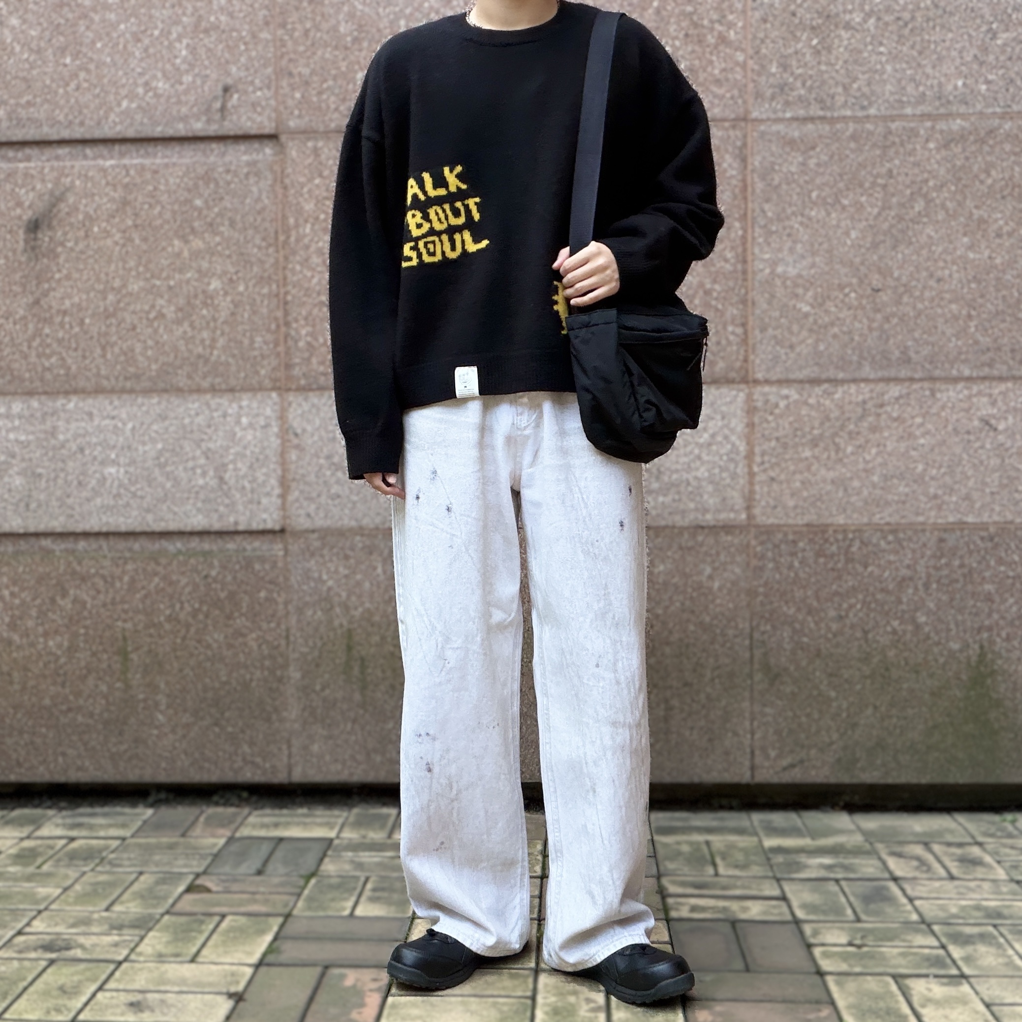 Asics Winjob CP111 Black, Uniqlo Multi Pocket Shoulder Bag Black 착용 스타일 - 1