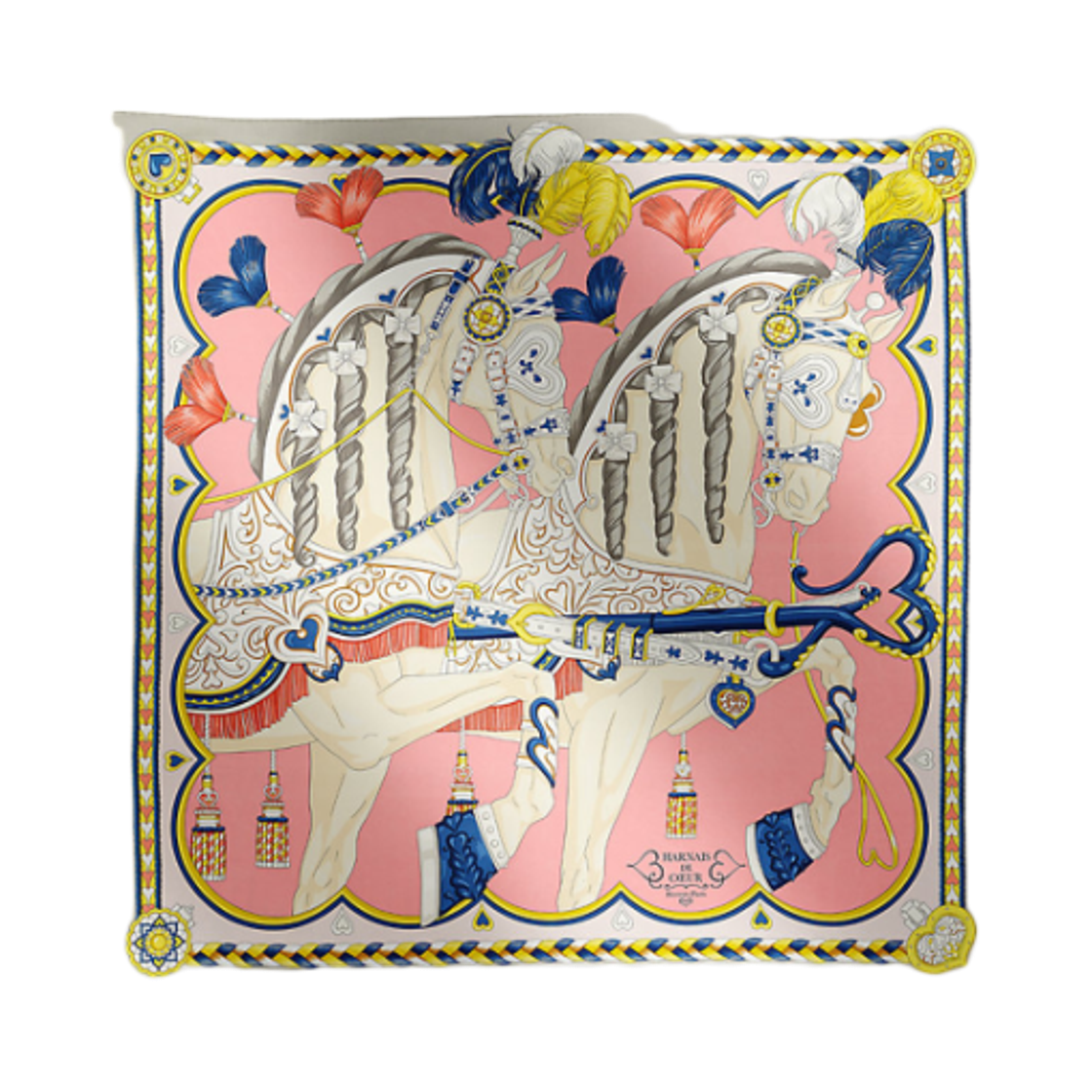 H004090S07 Hermes Harnais De Coeur Scarf 90 & Gris Perle Rose Bonbon Bleu